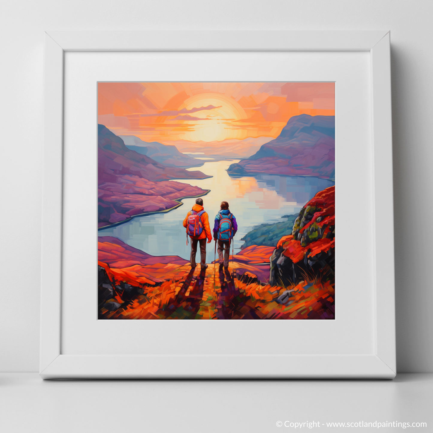 Art Print of Two hikers looking out on Loch Lomond with a white frame