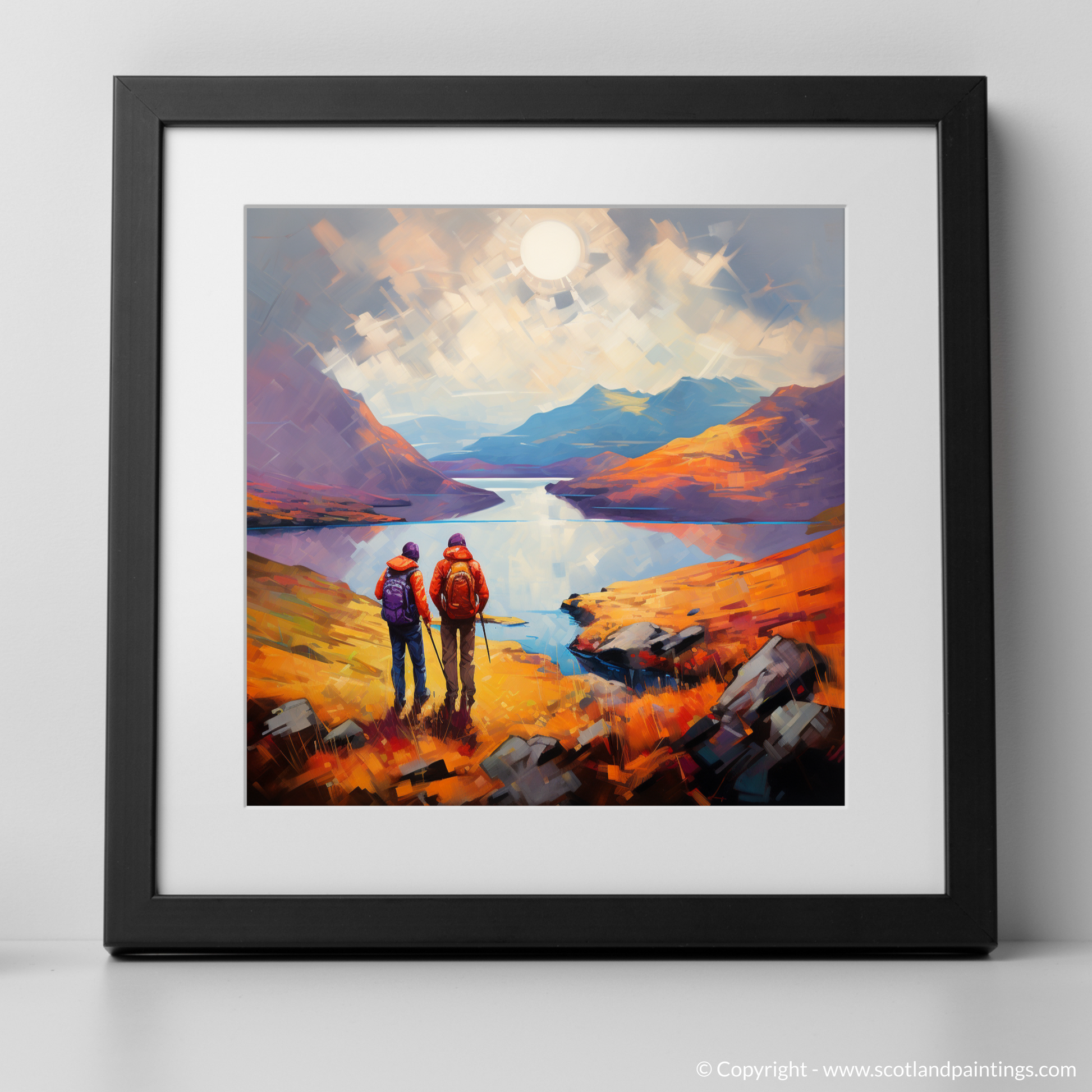 Art Print of Two hikers looking out on Loch Lomond with a black frame