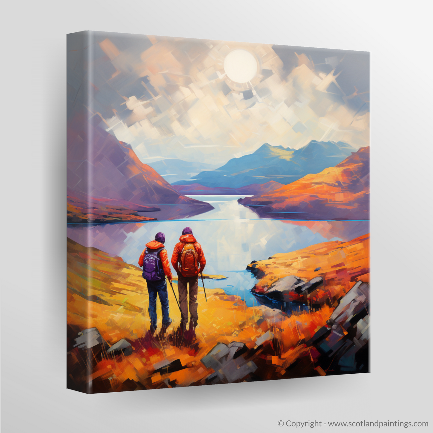 Canvas Print of Two hikers looking out on Loch Lomond