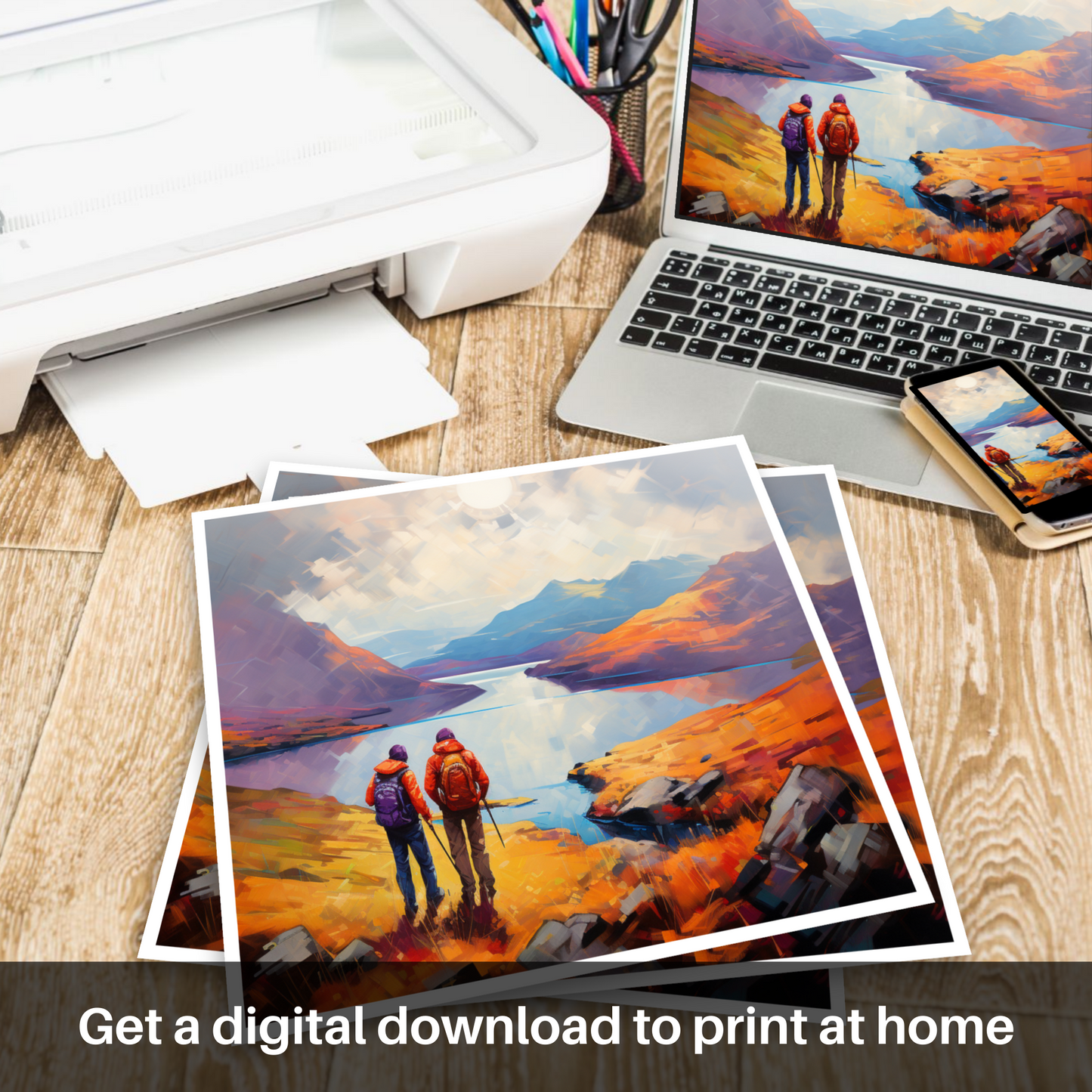 Downloadable and printable picture of Two hikers looking out on Loch Lomond