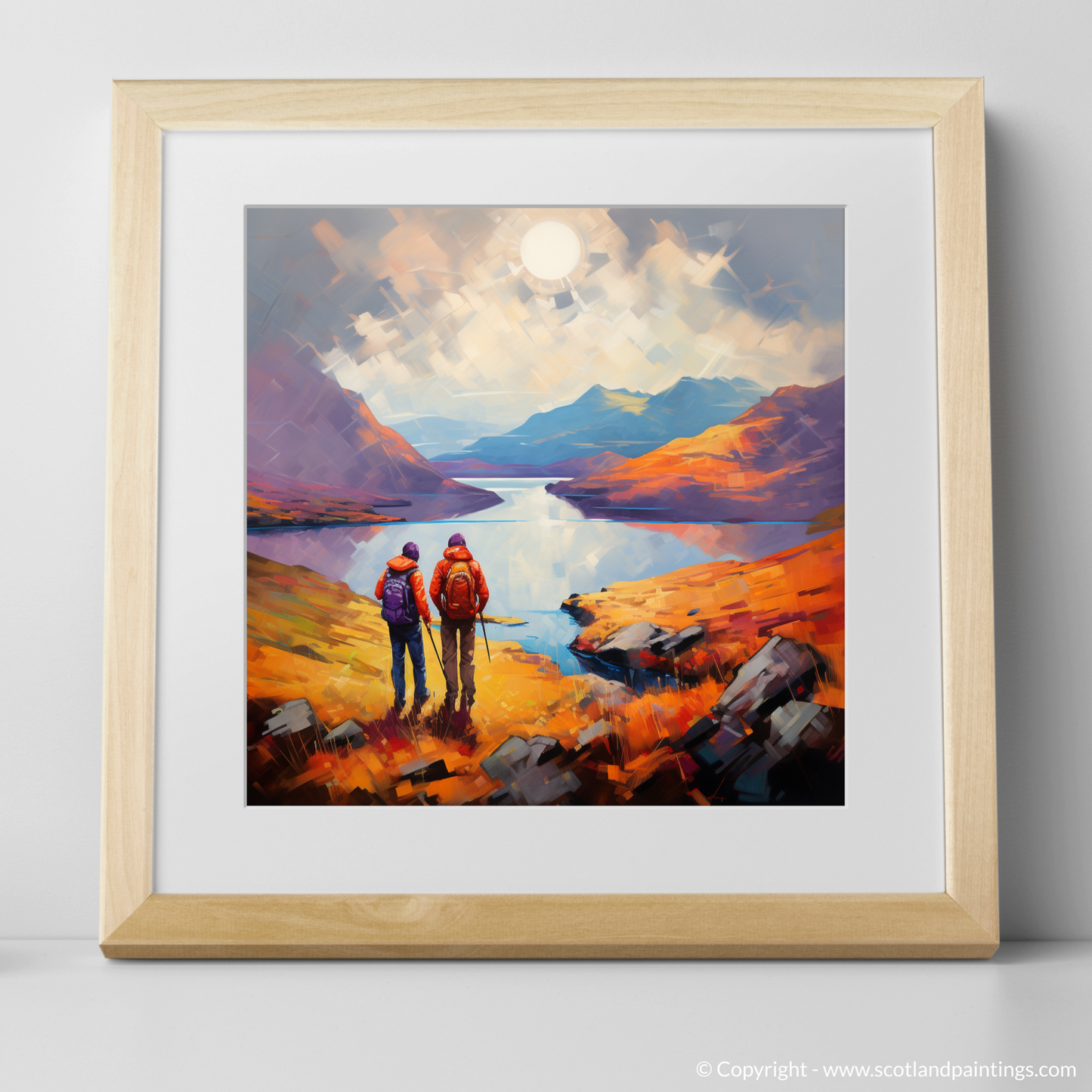 Art Print of Two hikers looking out on Loch Lomond with a natural frame