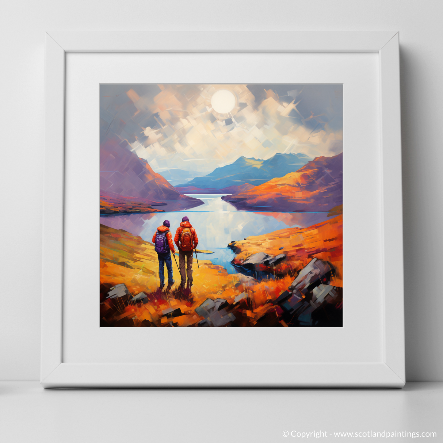 Art Print of Two hikers looking out on Loch Lomond with a white frame