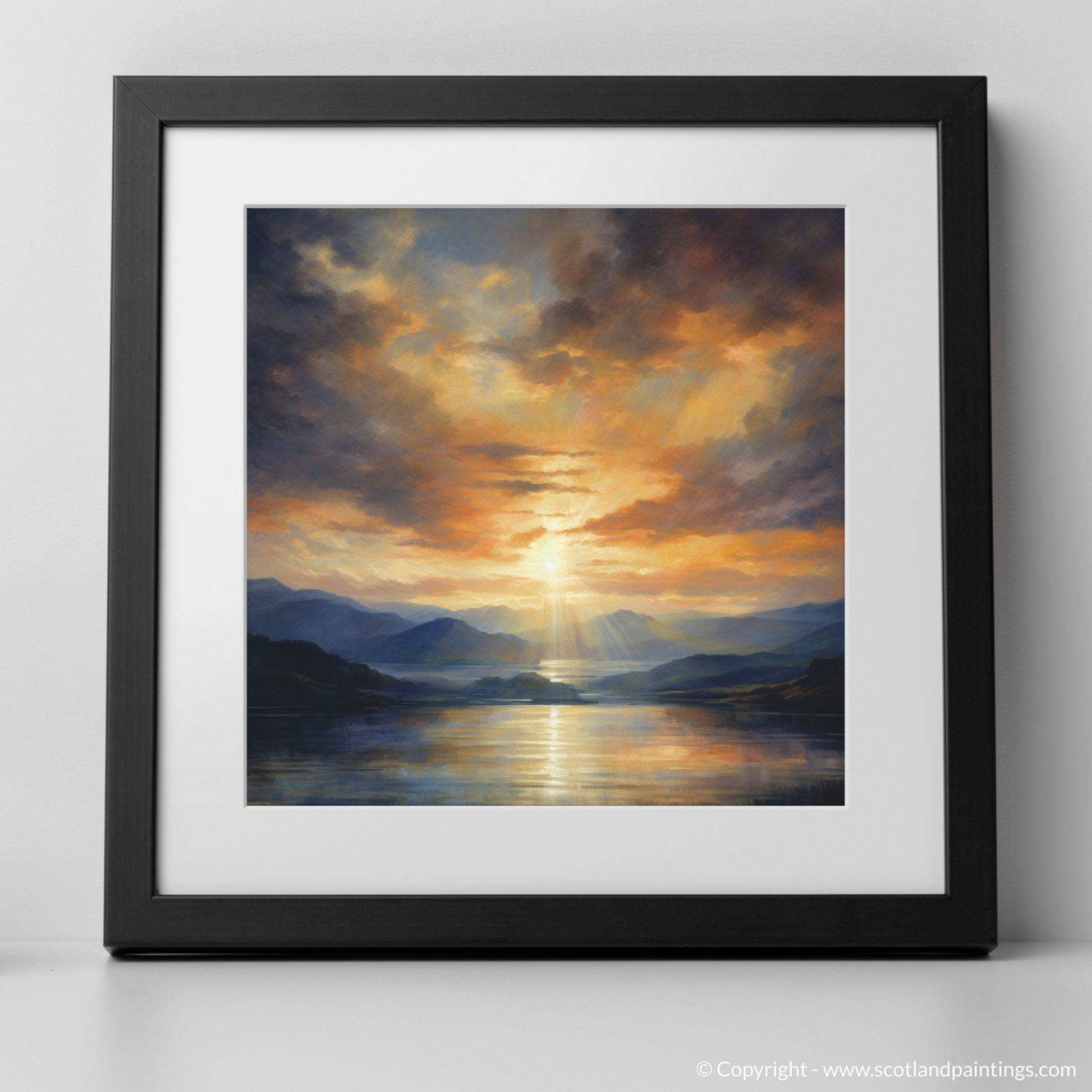 Art Print of Crepuscular rays above Loch Lomond with a black frame