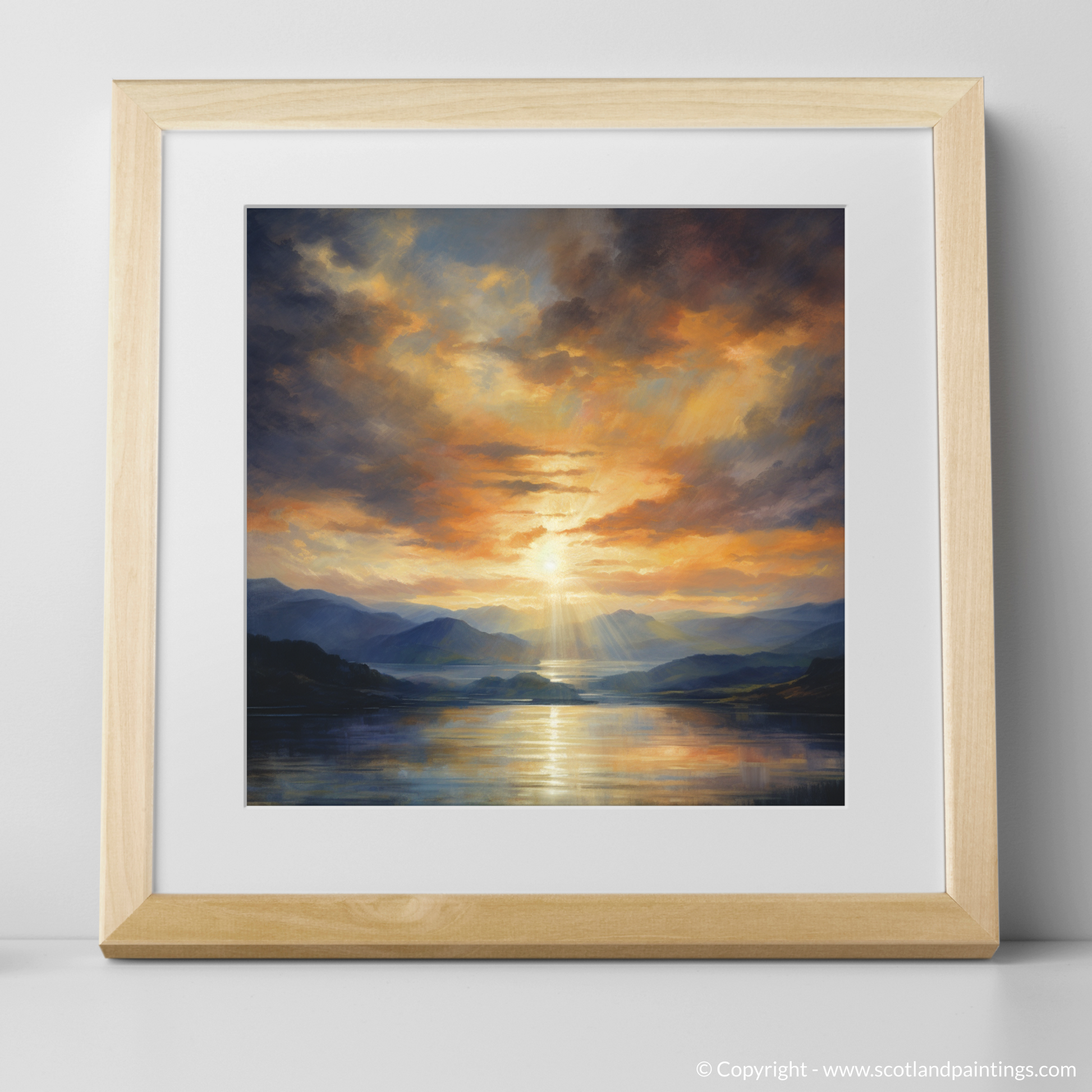 Art Print of Crepuscular rays above Loch Lomond with a natural frame