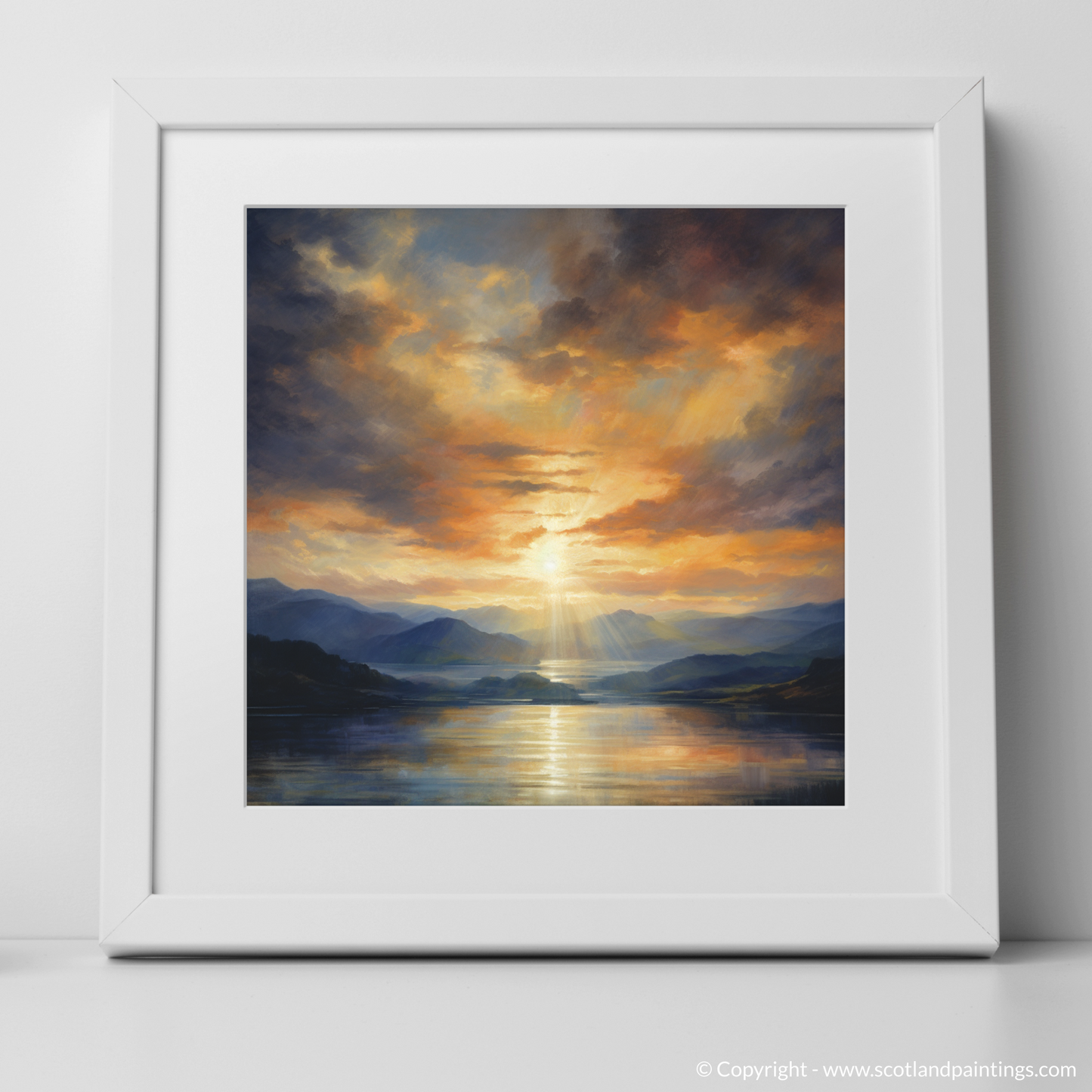 Art Print of Crepuscular rays above Loch Lomond with a white frame