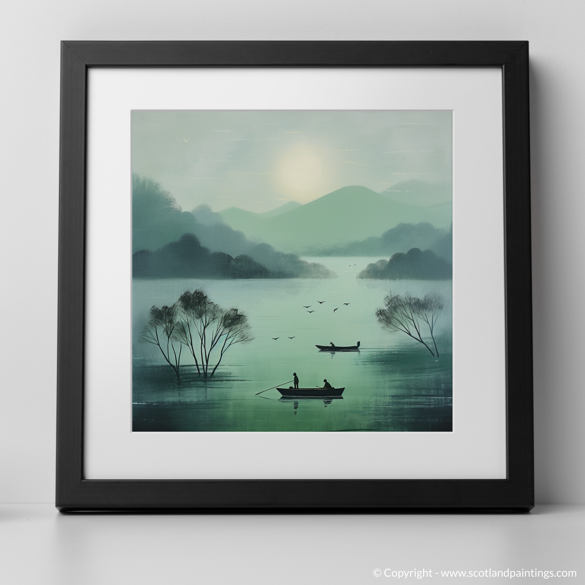 Art Print of Misty morning on Loch Lomond with a black frame