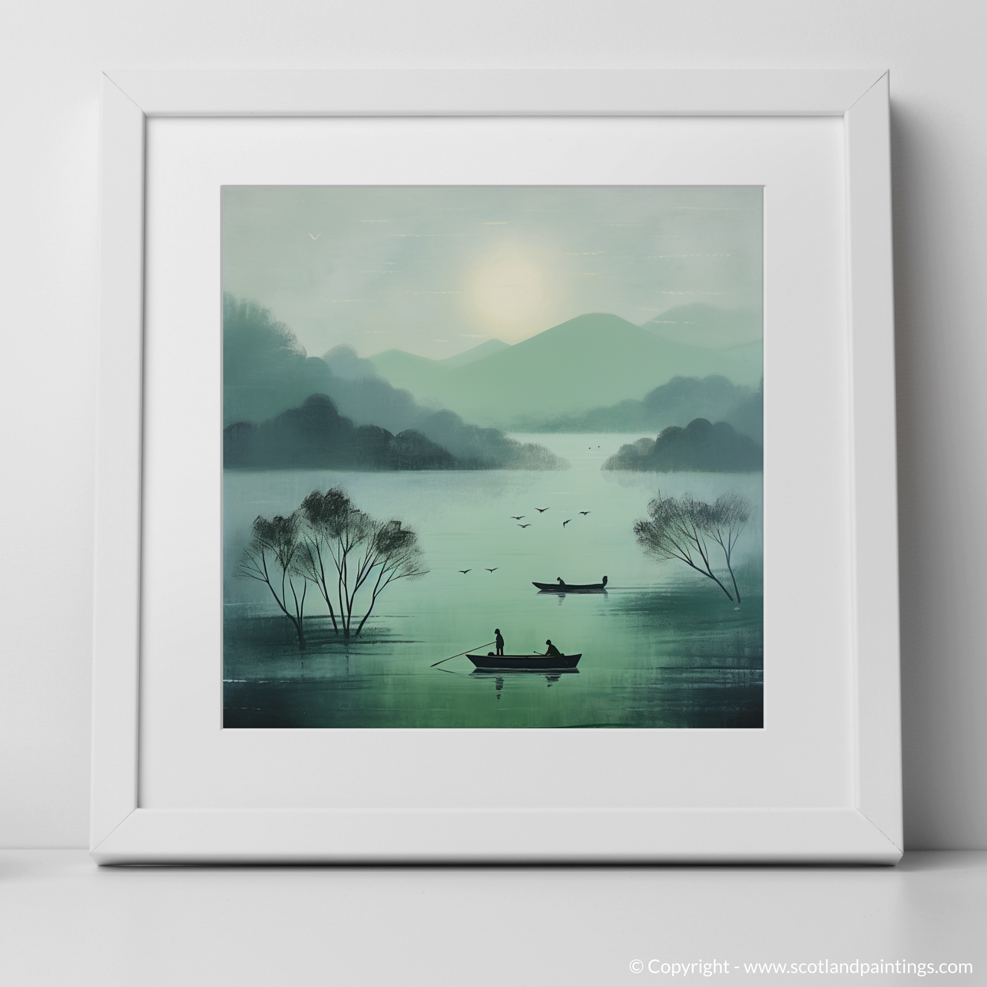 Art Print of Misty morning on Loch Lomond with a white frame