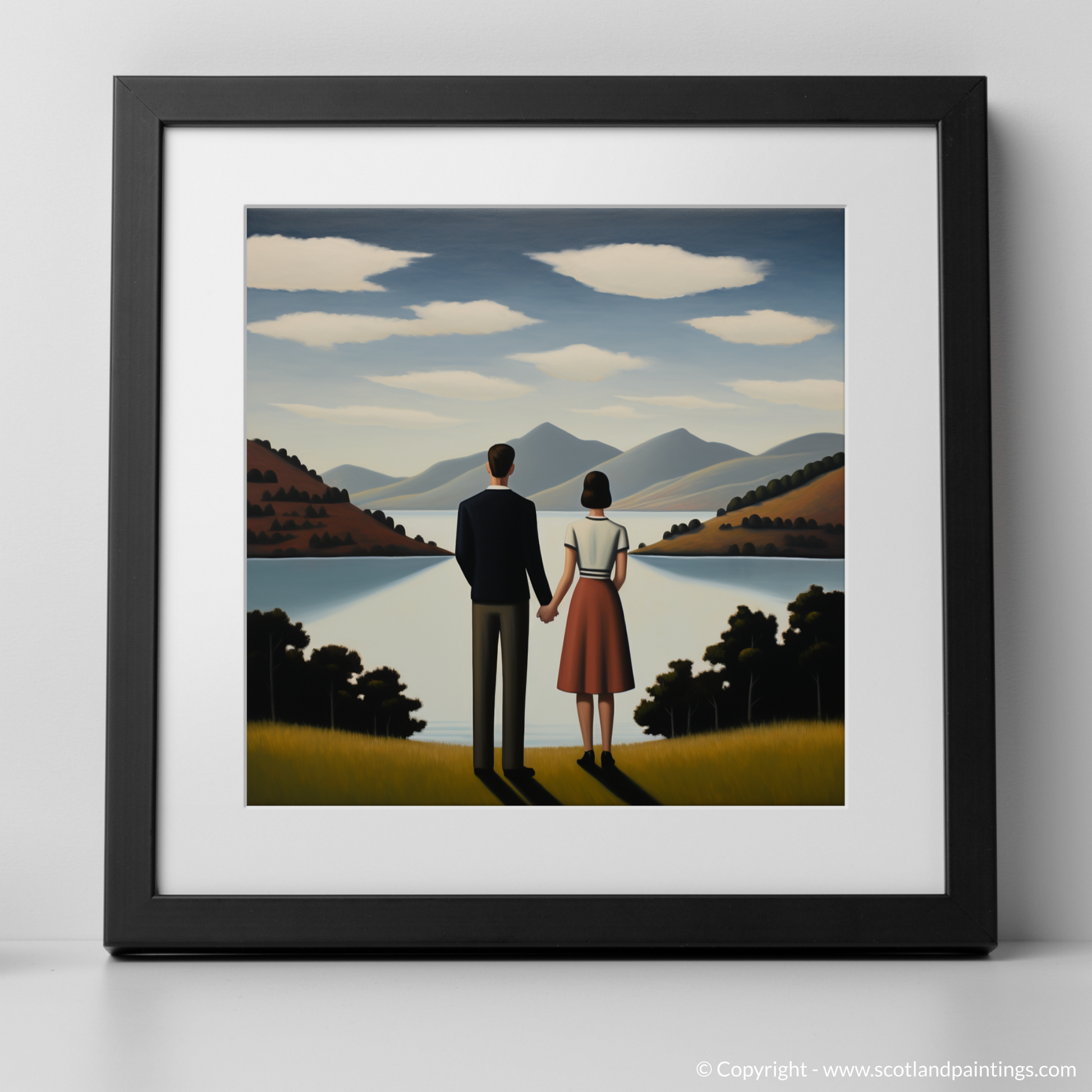 Art Print of A couple holding hands looking out on Loch Lomond with a black frame