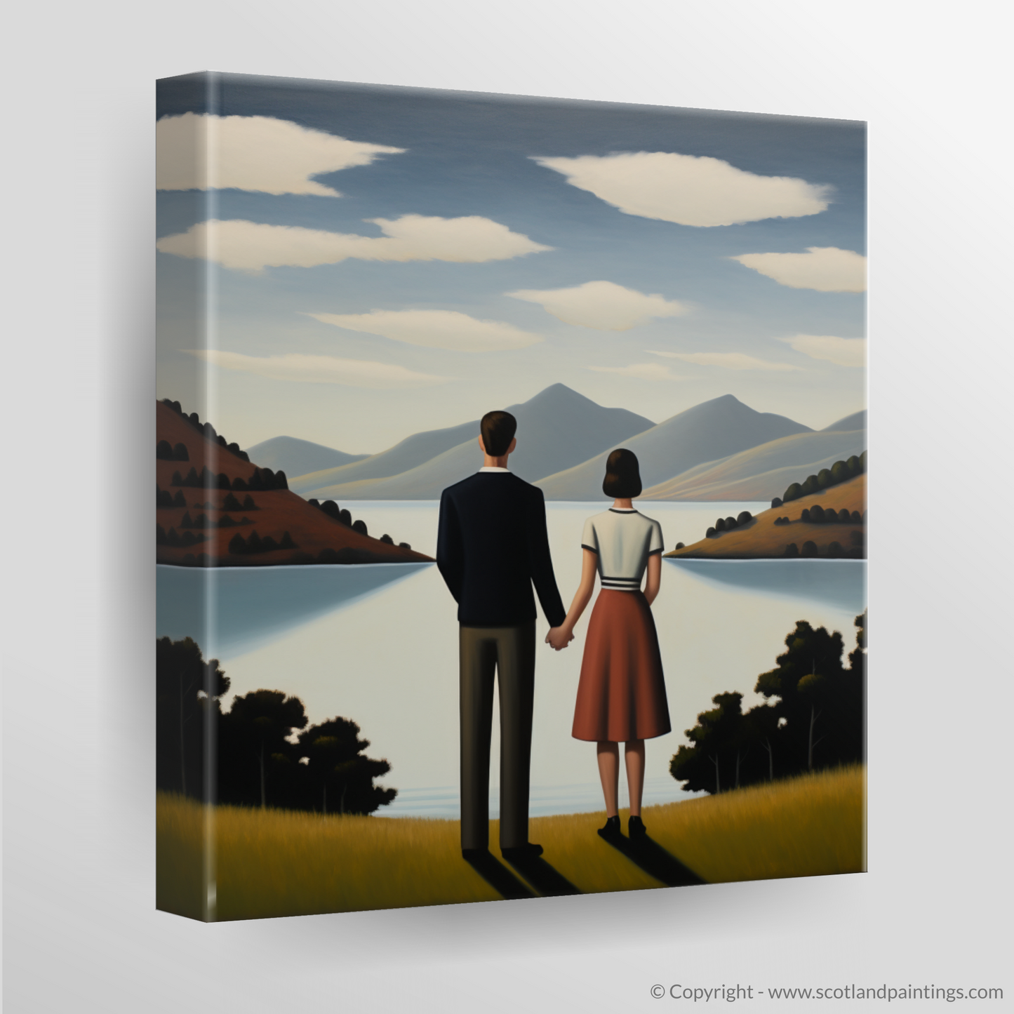 Canvas Print of A couple holding hands looking out on Loch Lomond