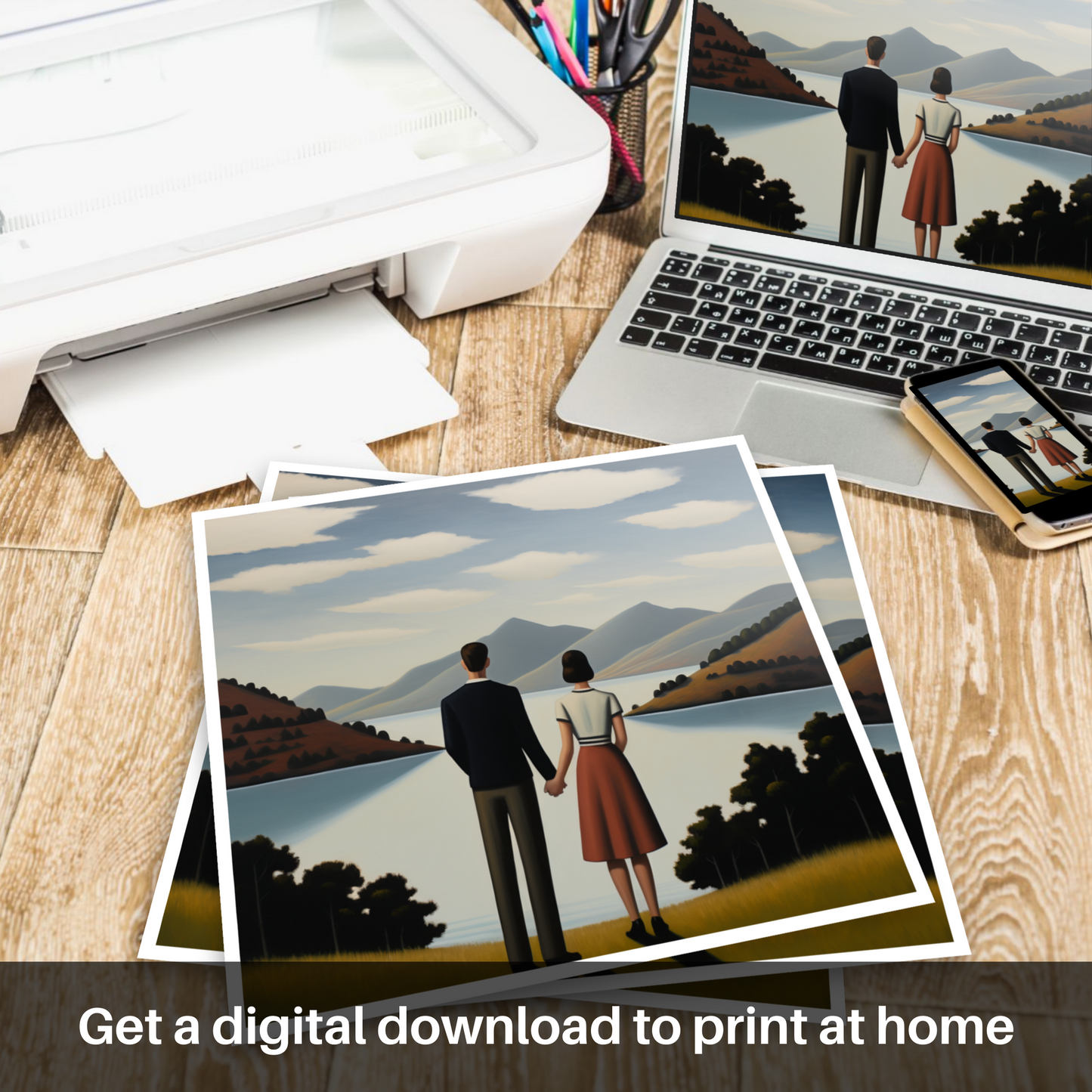 Downloadable and printable picture of A couple holding hands looking out on Loch Lomond