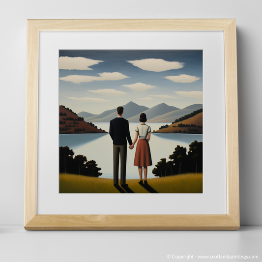 Art Print of A couple holding hands looking out on Loch Lomond with a natural frame