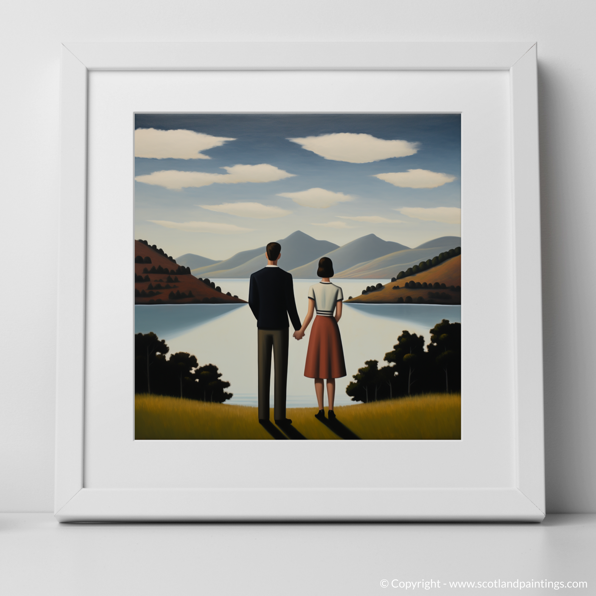 Art Print of A couple holding hands looking out on Loch Lomond with a white frame