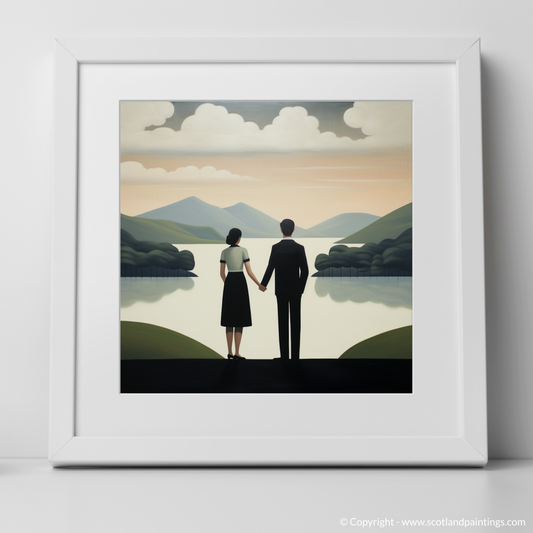 Art Print of A couple holding hands looking out on Loch Lomond with a white frame