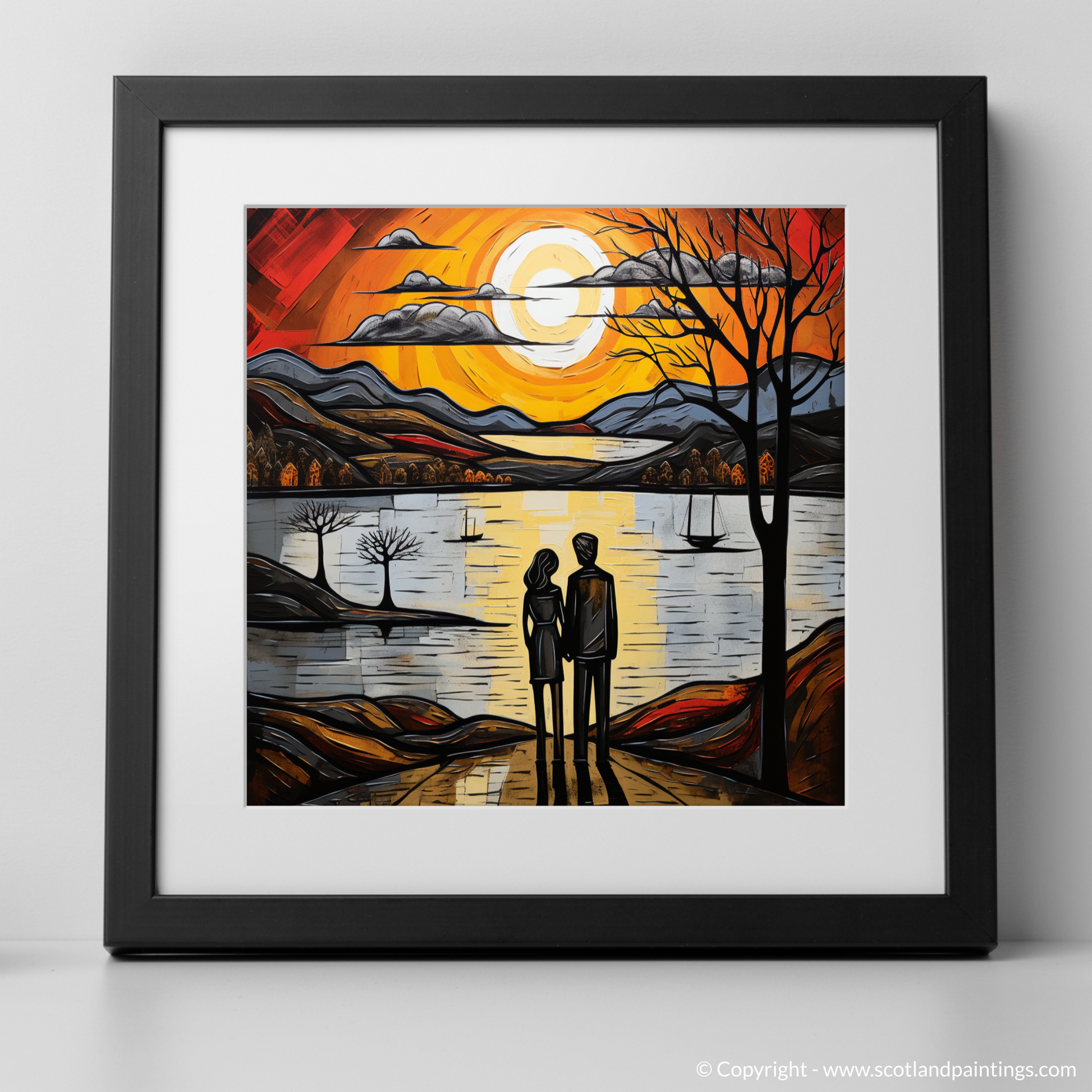 Art Print of A couple holding hands looking out on Loch Lomond with a black frame