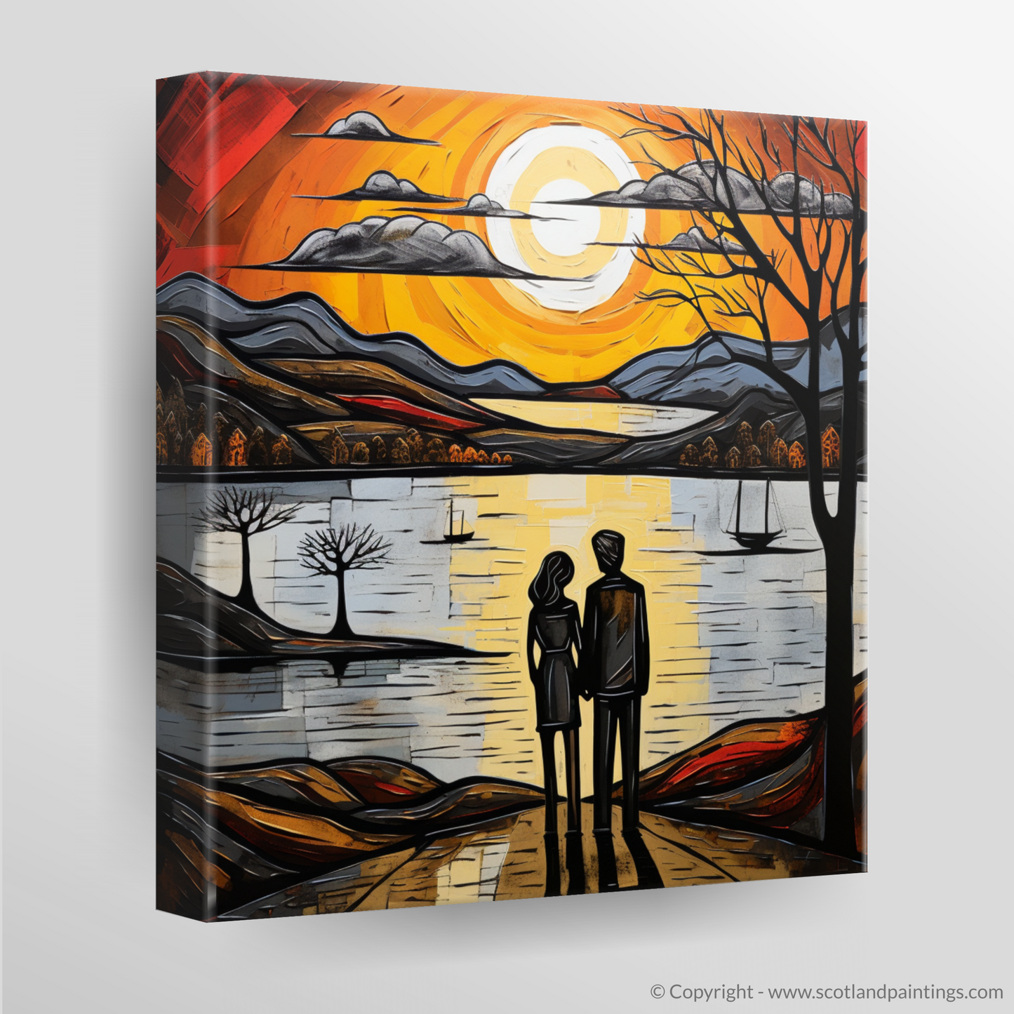 Canvas Print of A couple holding hands looking out on Loch Lomond