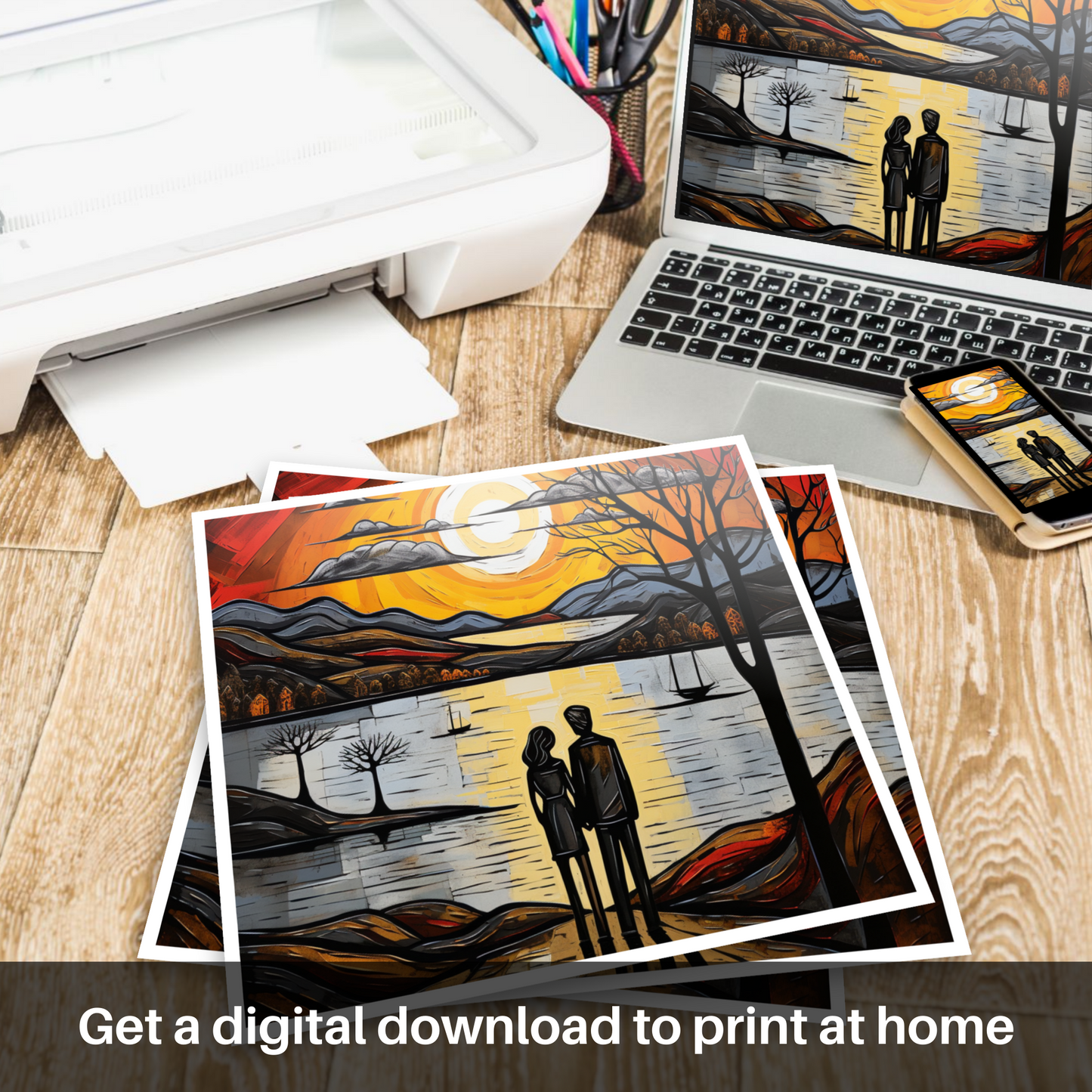 Downloadable and printable picture of A couple holding hands looking out on Loch Lomond