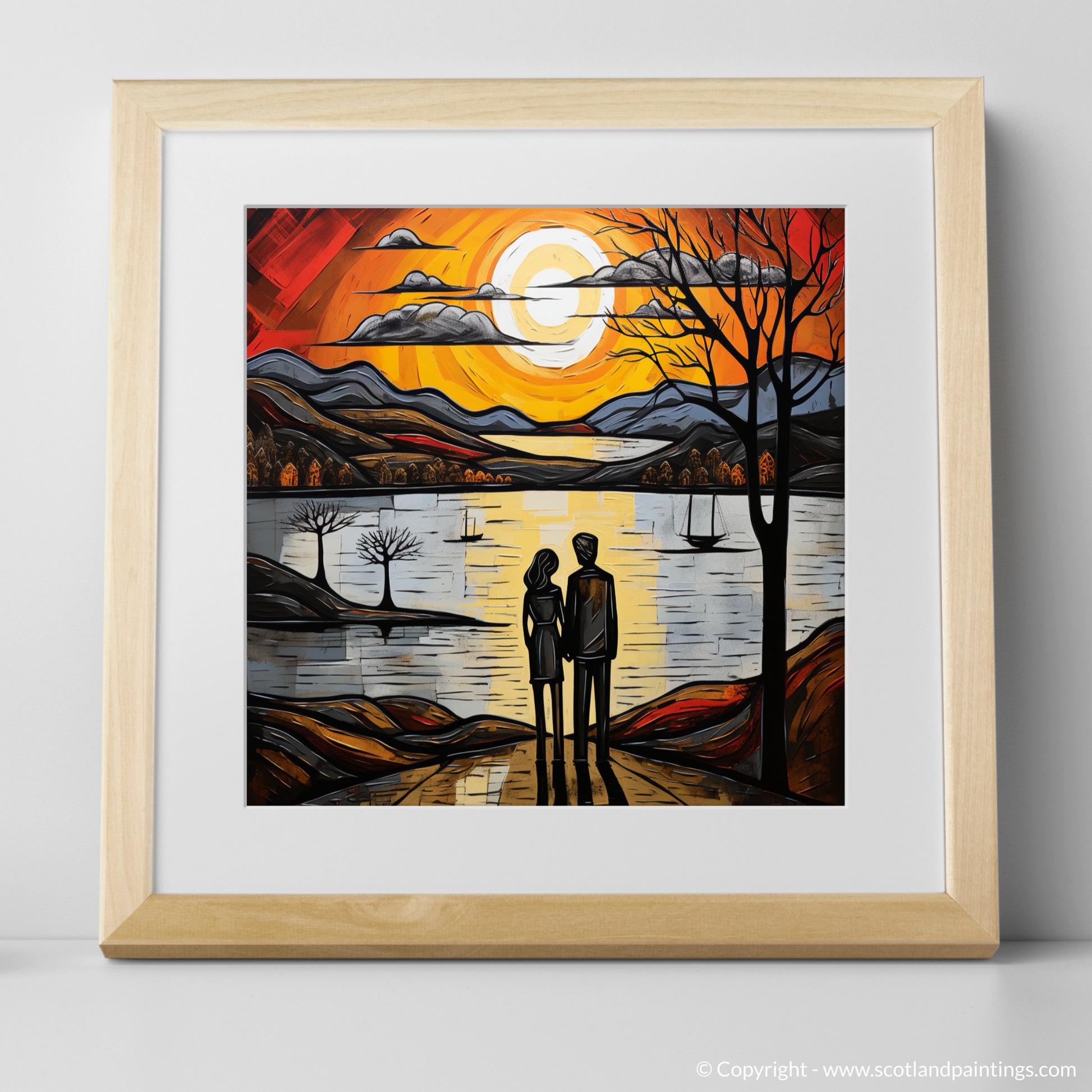 Art Print of A couple holding hands looking out on Loch Lomond with a natural frame