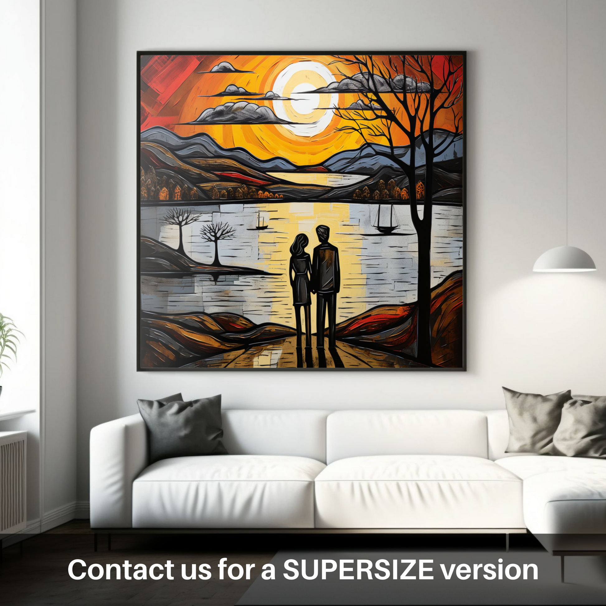 Huge supersize print of A couple holding hands looking out on Loch Lomond