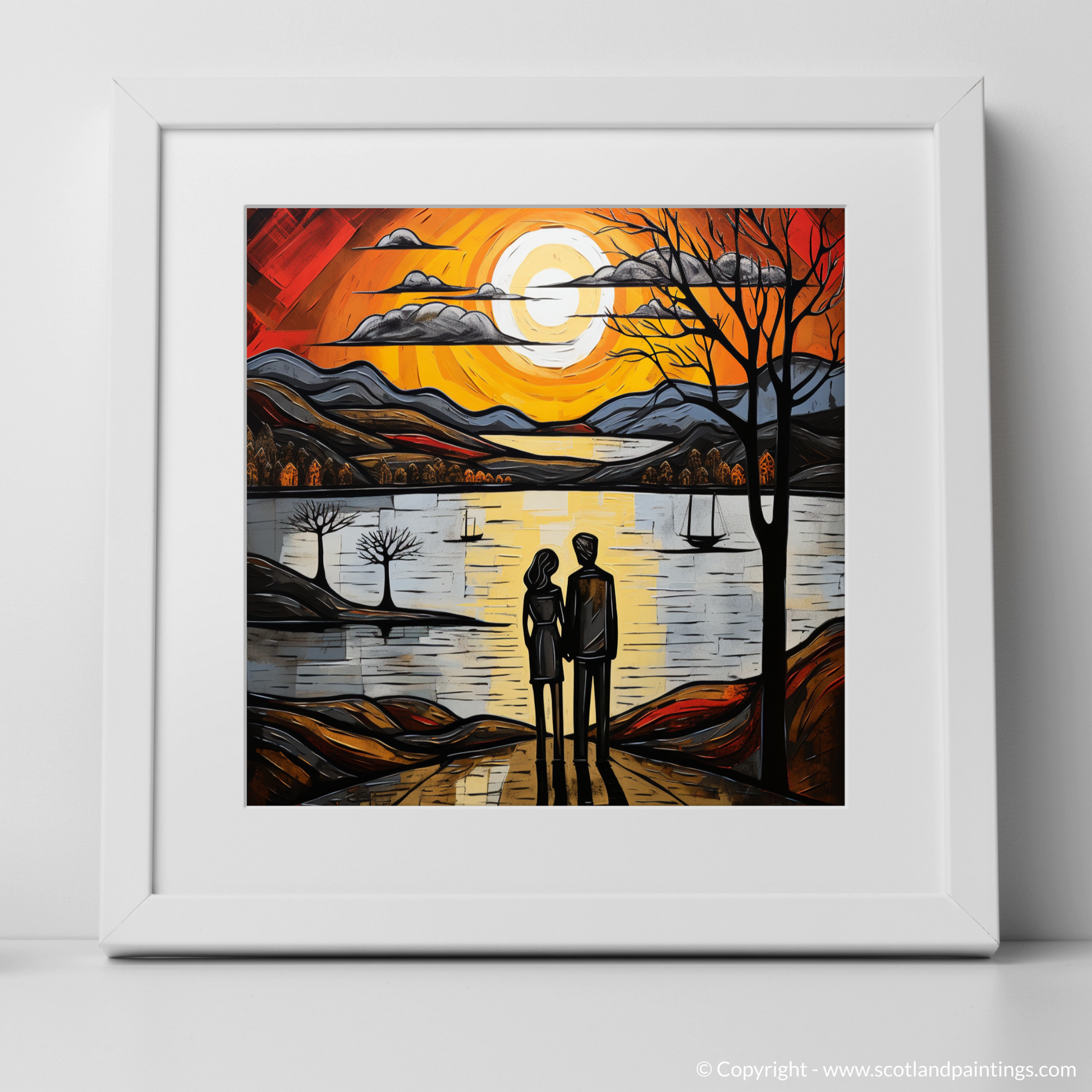 Art Print of A couple holding hands looking out on Loch Lomond with a white frame