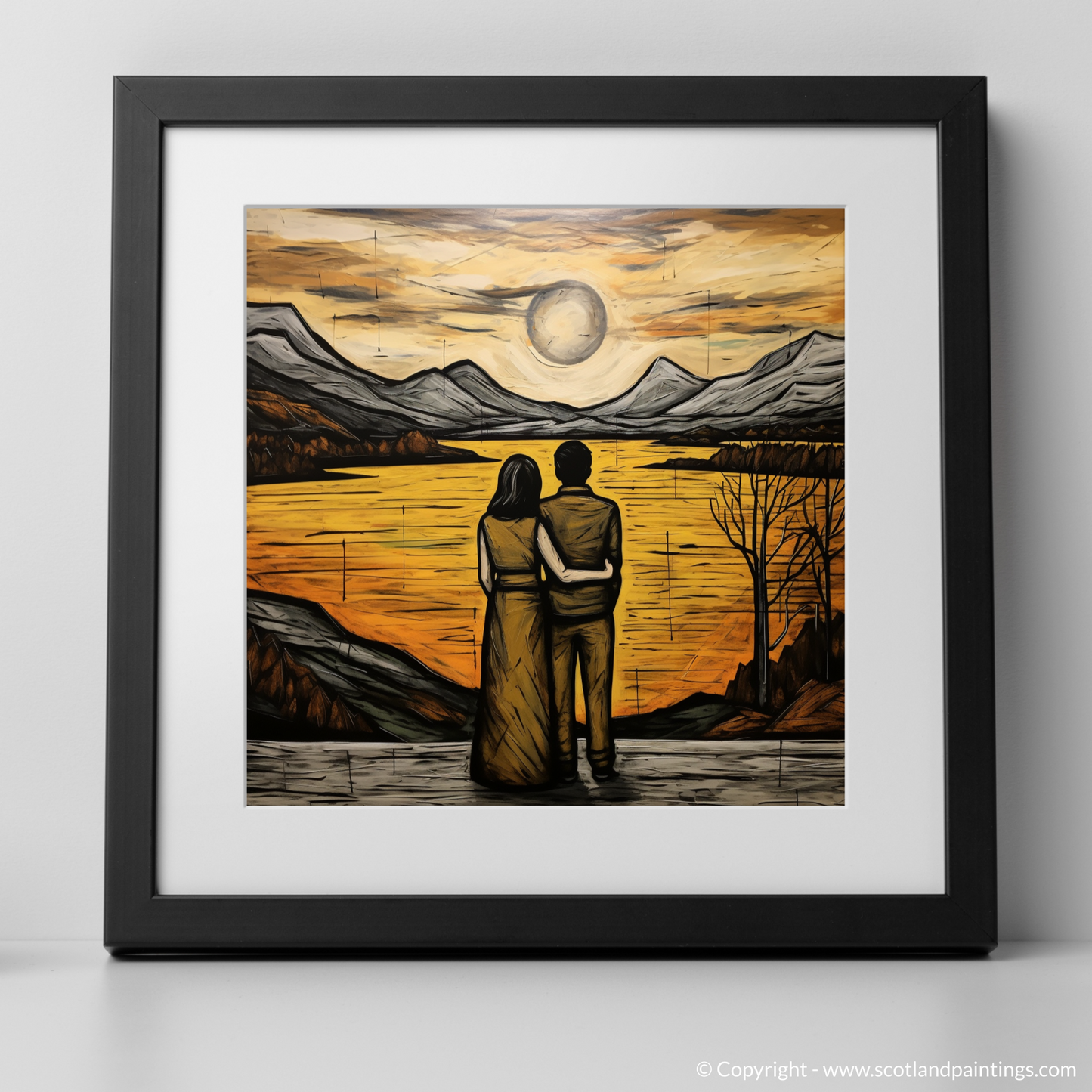 Art Print of A couple holding hands looking out on Loch Lomond with a black frame