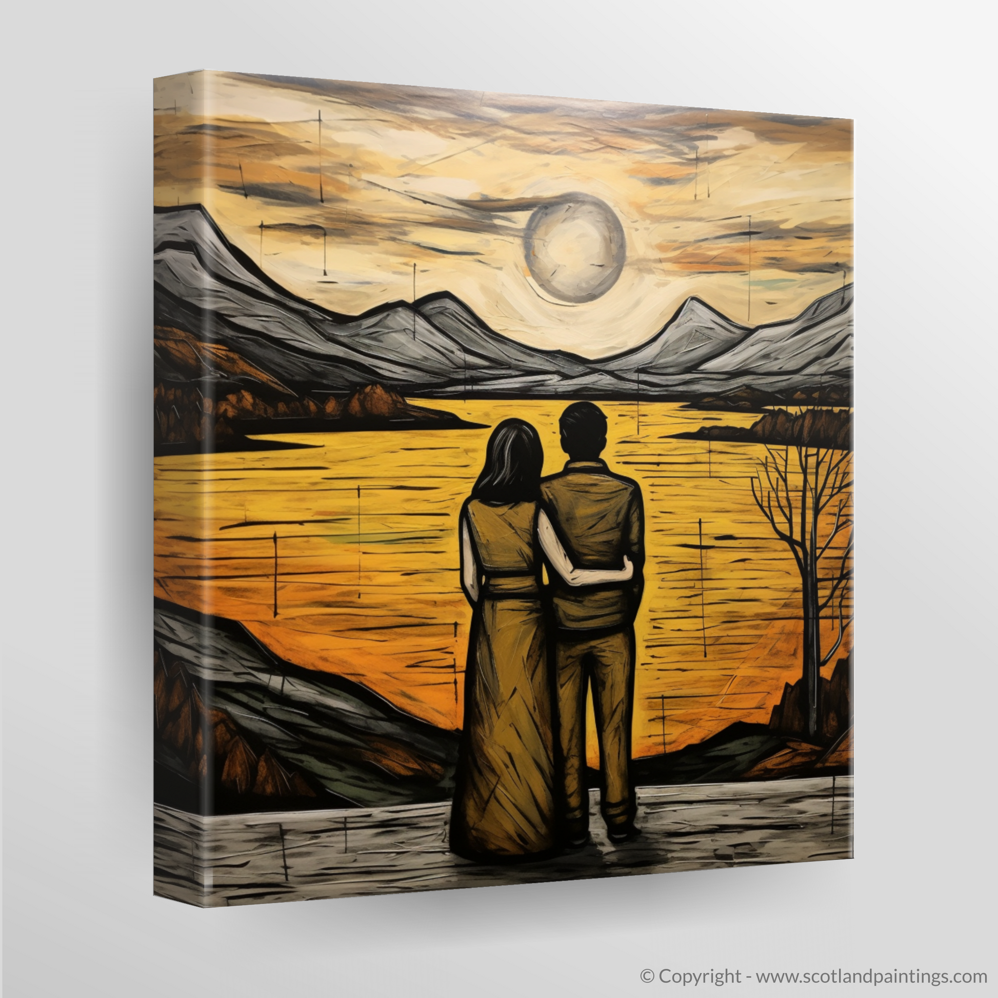 Canvas Print of A couple holding hands looking out on Loch Lomond