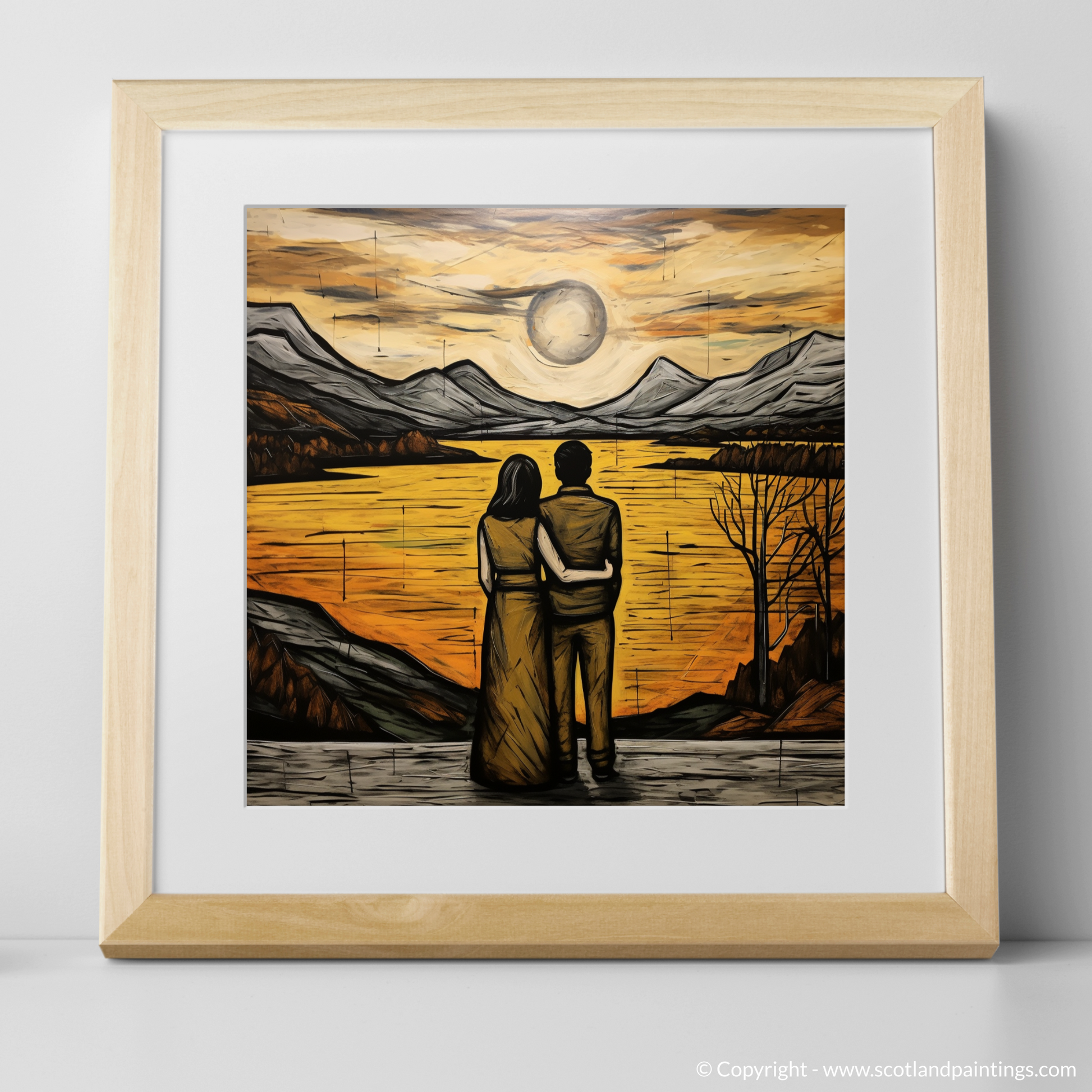 Art Print of A couple holding hands looking out on Loch Lomond with a natural frame