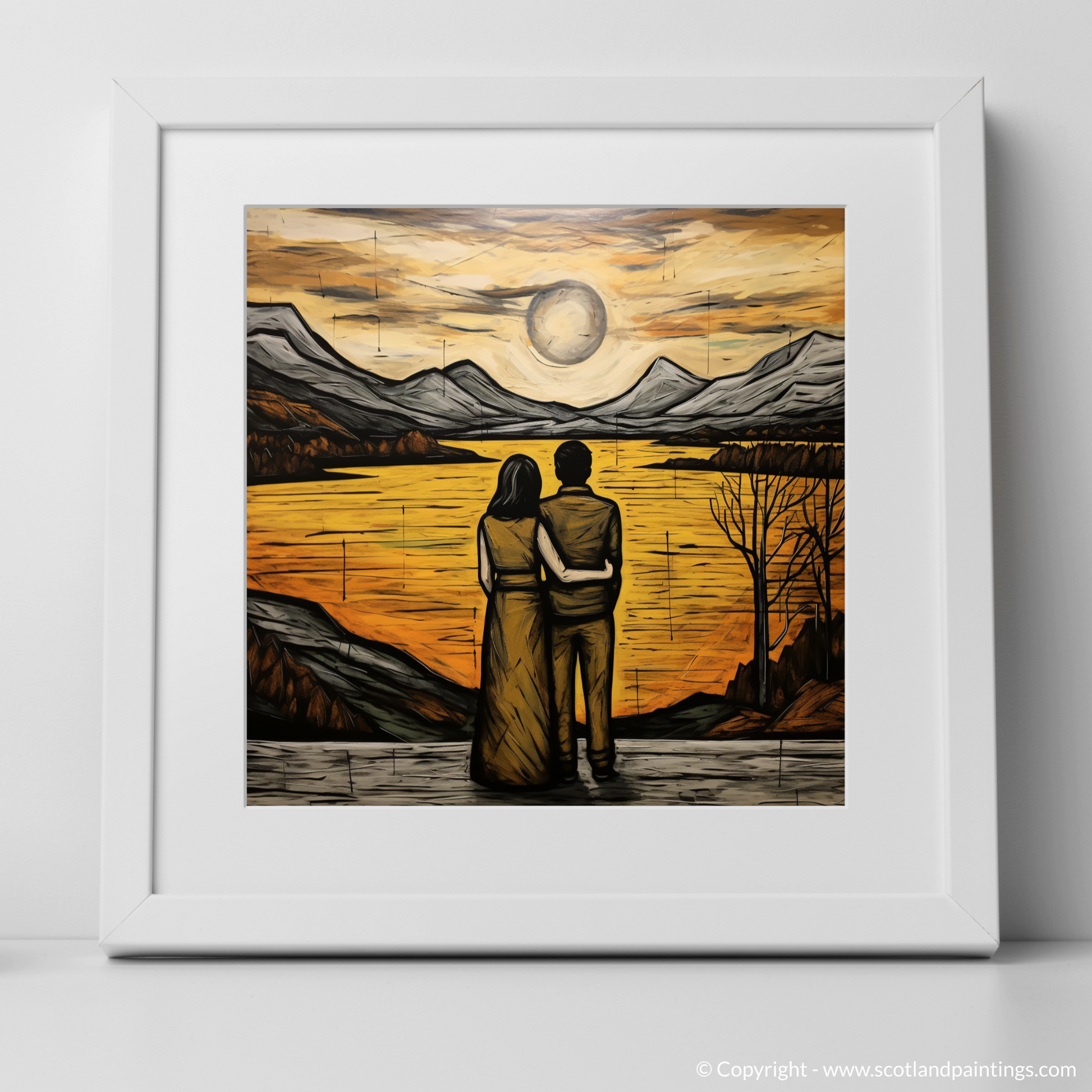 Art Print of A couple holding hands looking out on Loch Lomond with a white frame