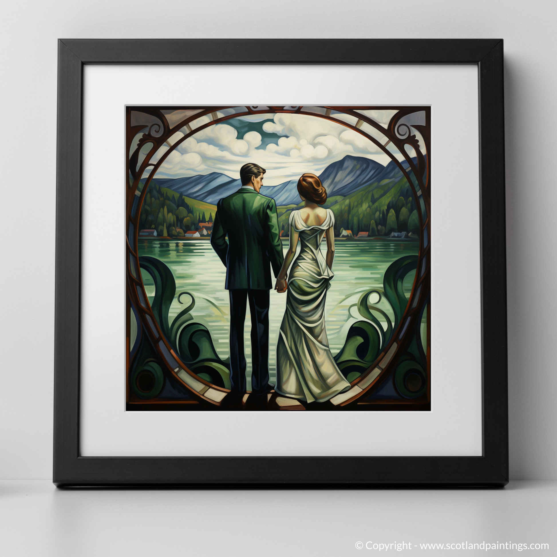 Art Print of A couple holding hands looking out on Loch Lomond with a black frame