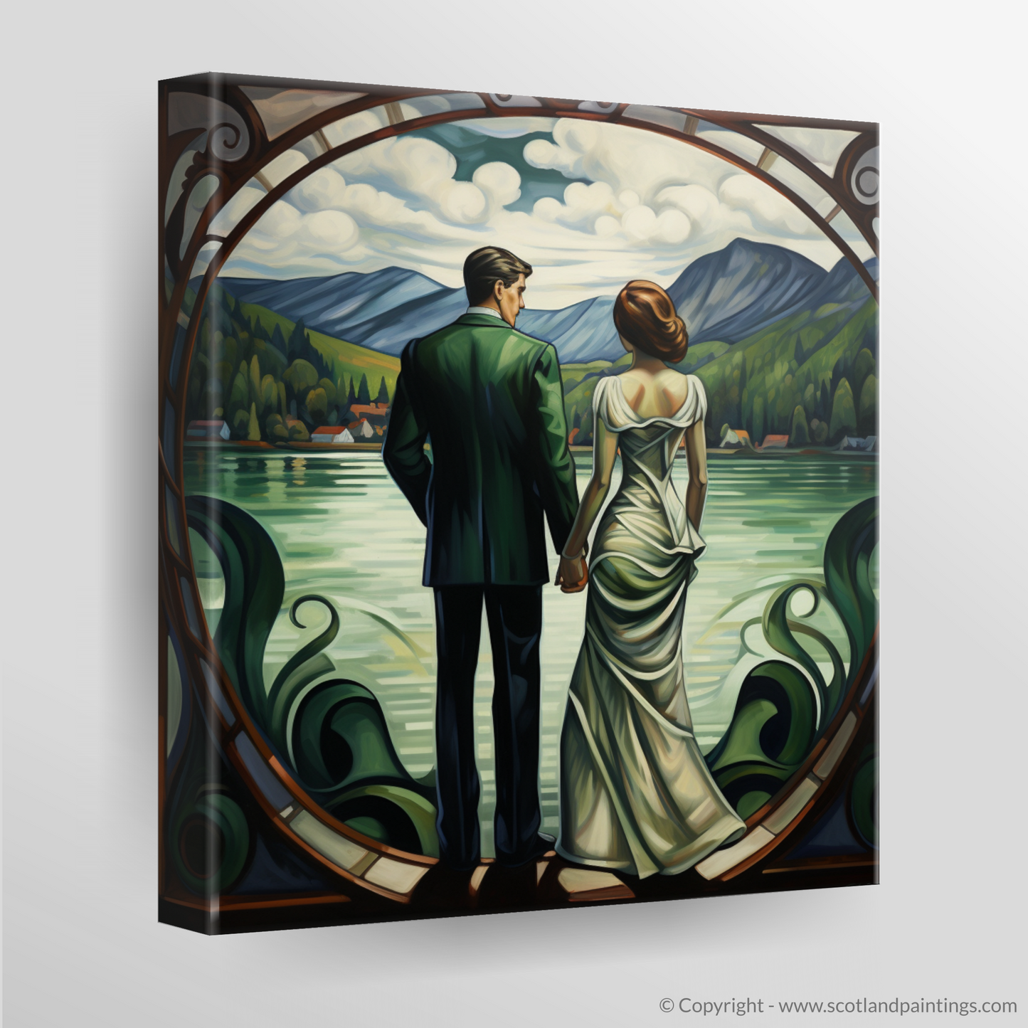 Canvas Print of A couple holding hands looking out on Loch Lomond