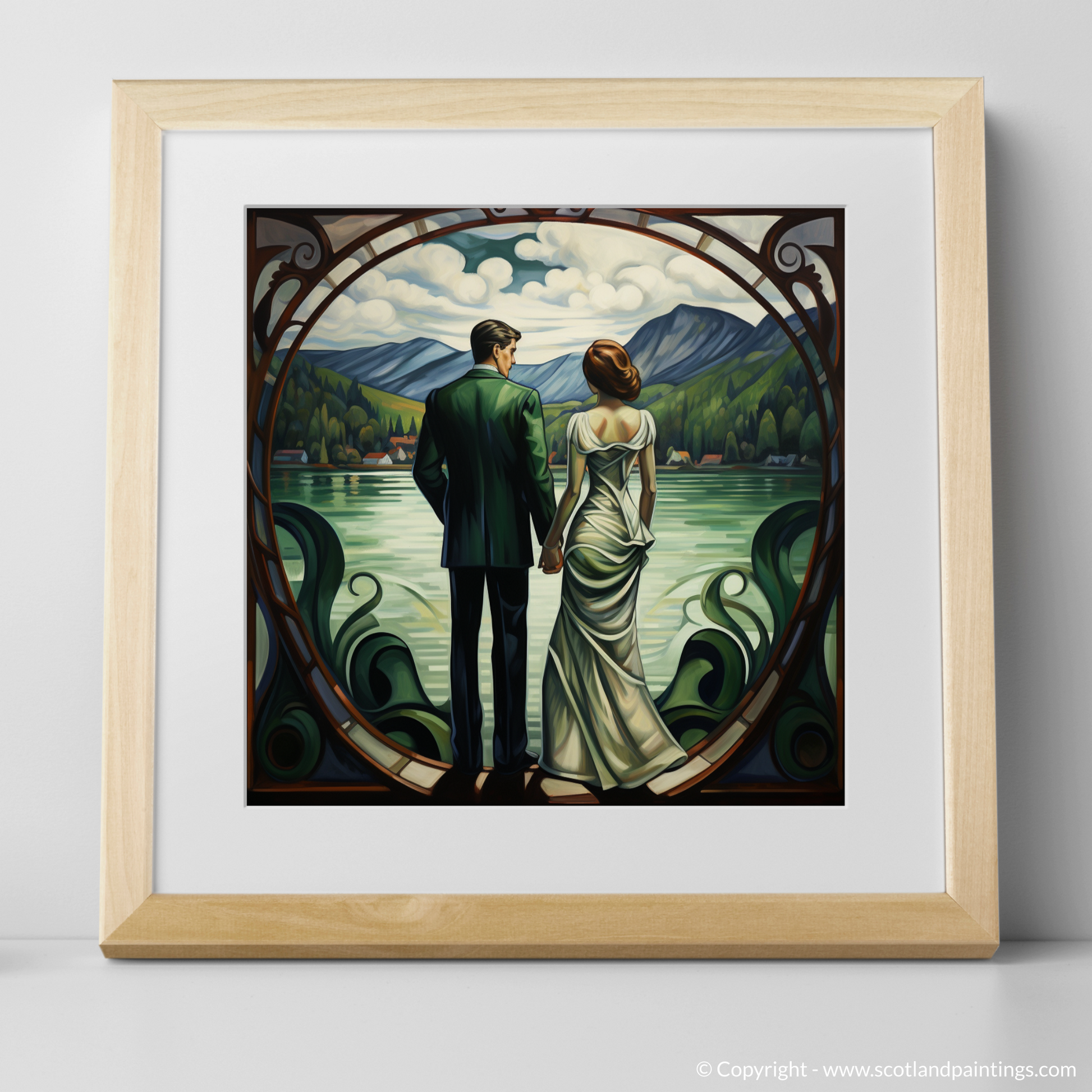 Art Print of A couple holding hands looking out on Loch Lomond with a natural frame