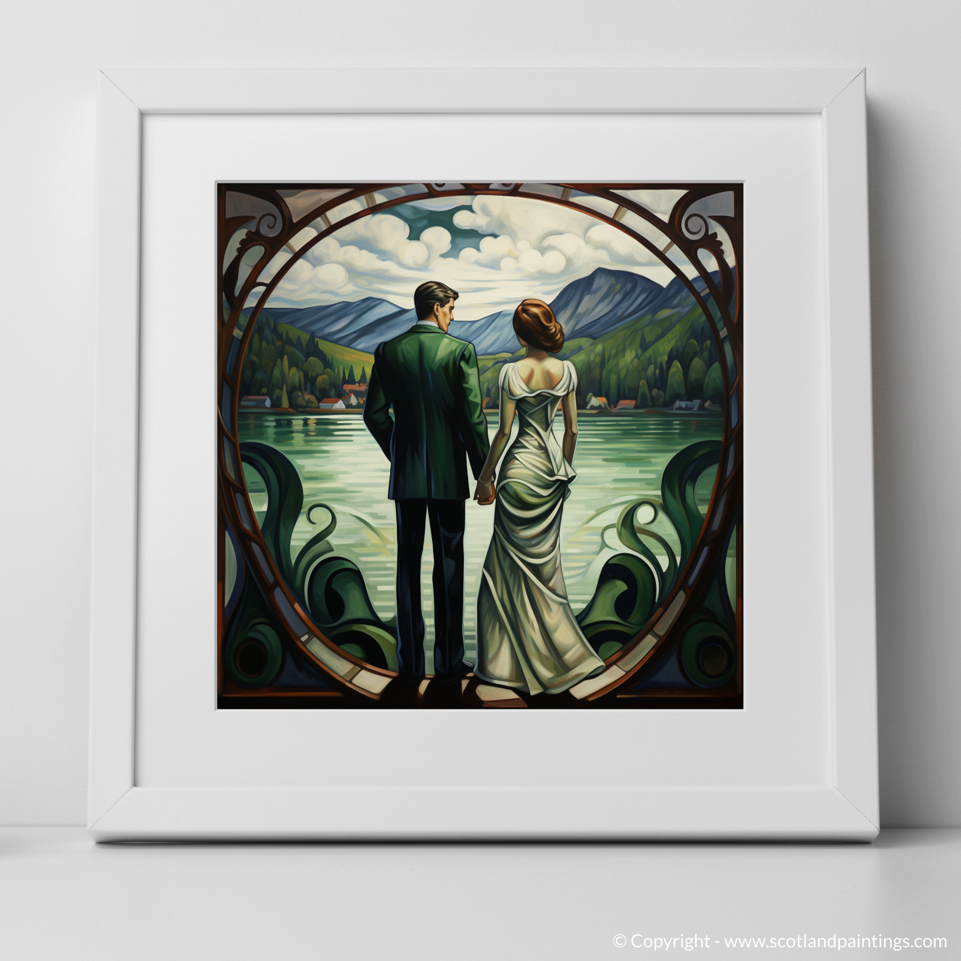 Art Print of A couple holding hands looking out on Loch Lomond with a white frame