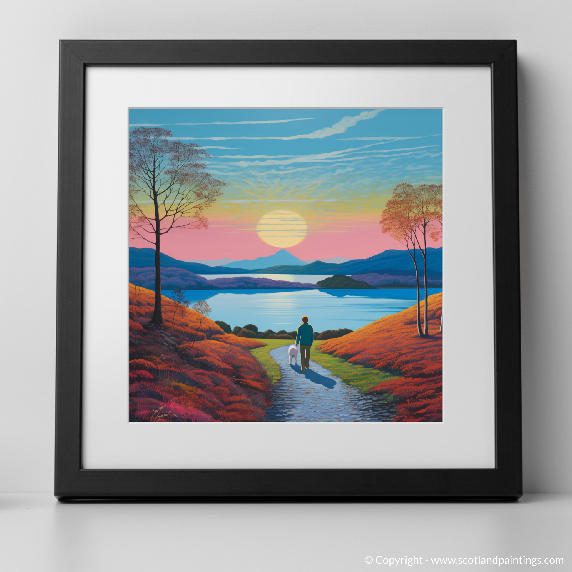 Art Print of A man walking dog at the side of Loch Lomond with a black frame