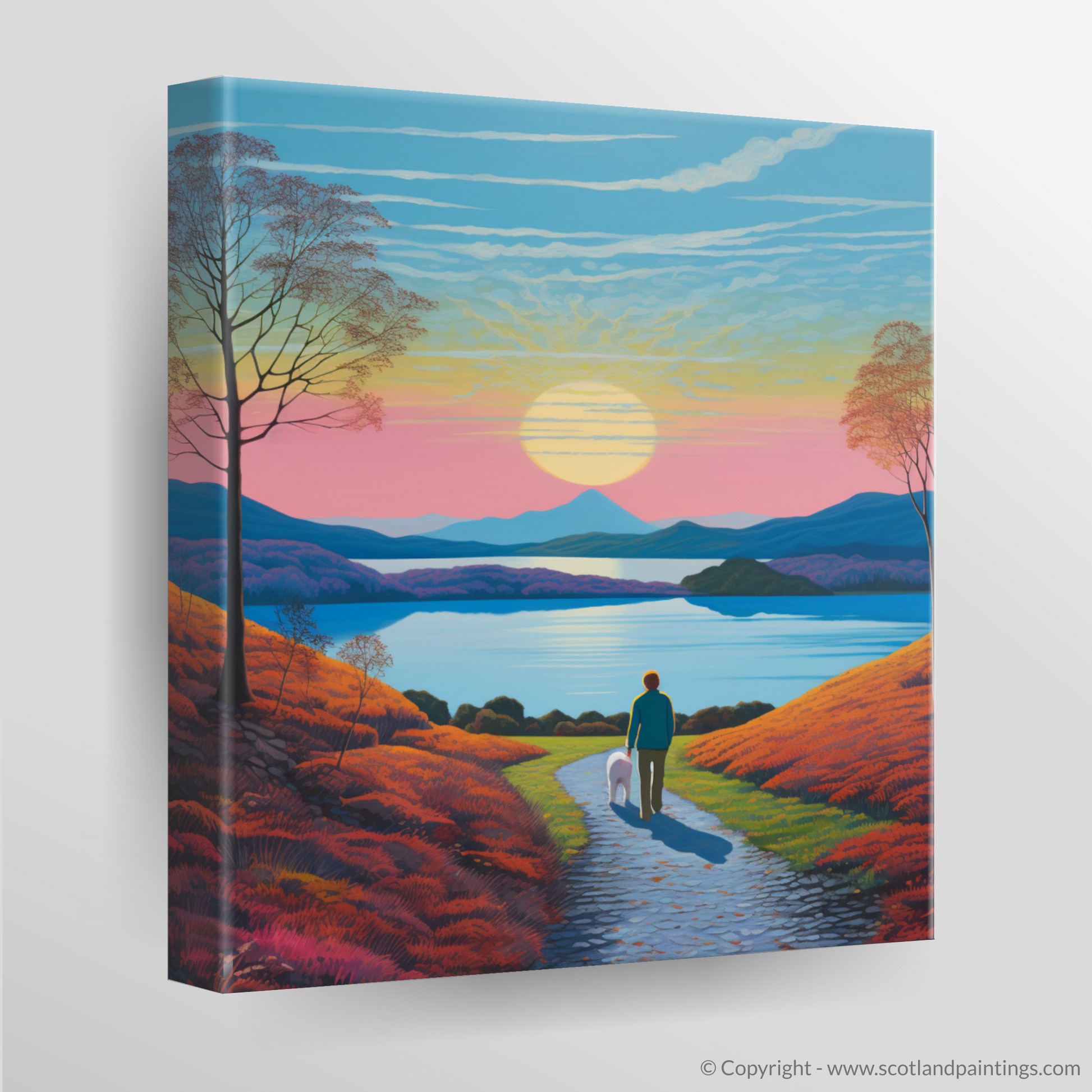 Canvas Print of A man walking dog at the side of Loch Lomond