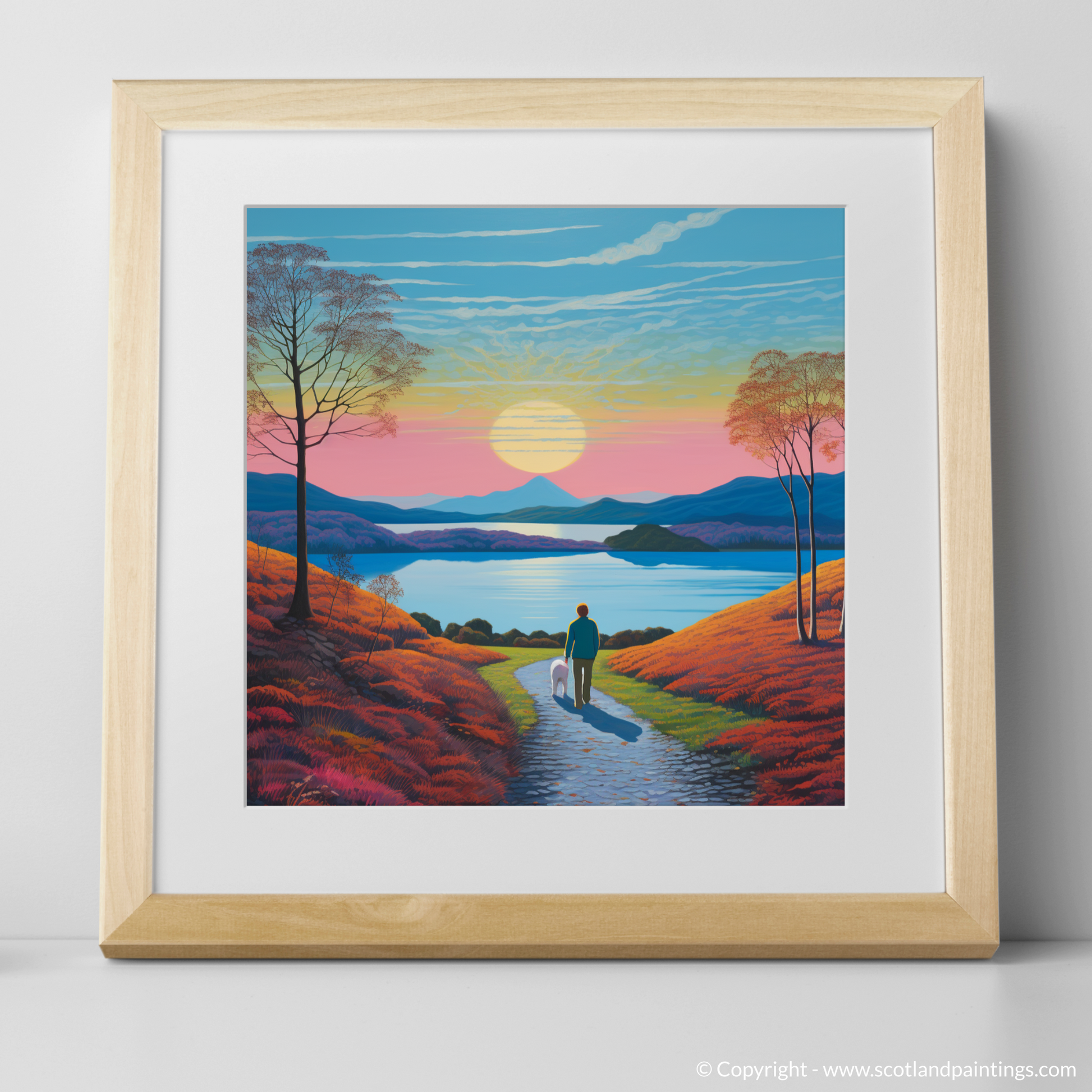 Art Print of A man walking dog at the side of Loch Lomond with a natural frame