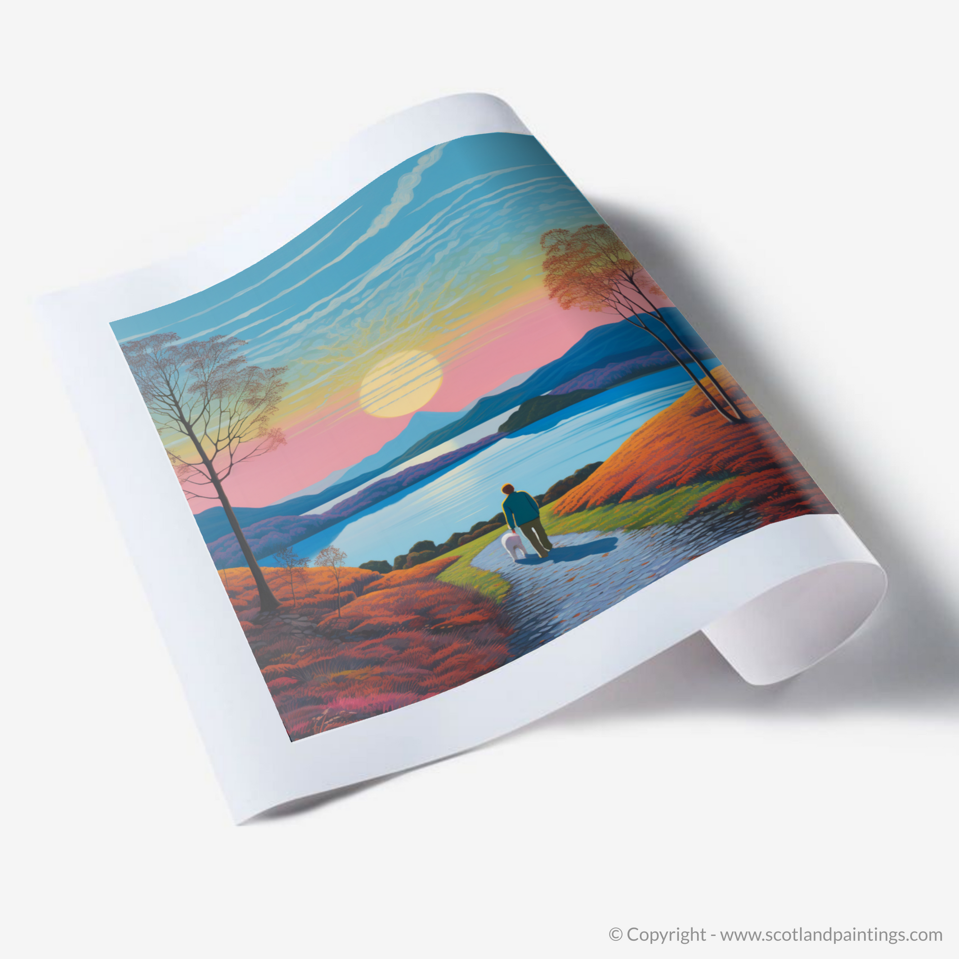 Art Print of A man walking dog at the side of Loch Lomond