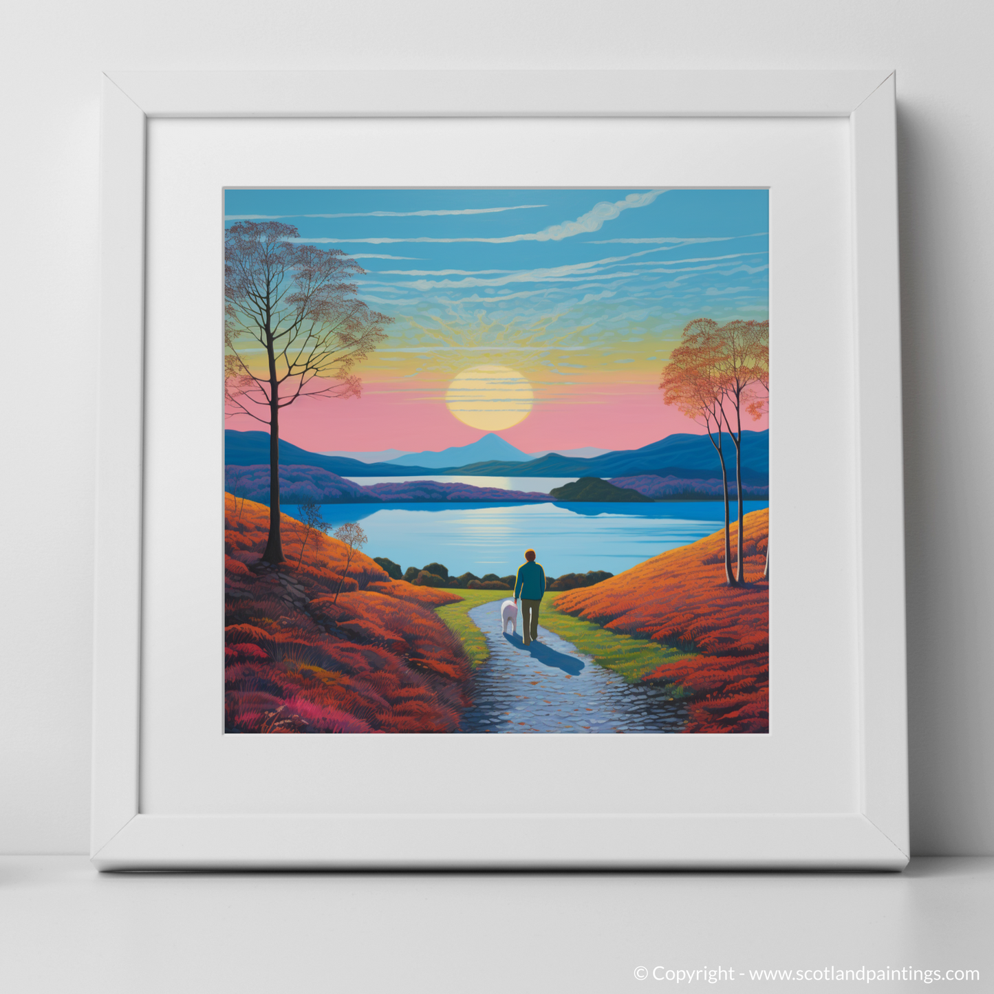 Art Print of A man walking dog at the side of Loch Lomond with a white frame