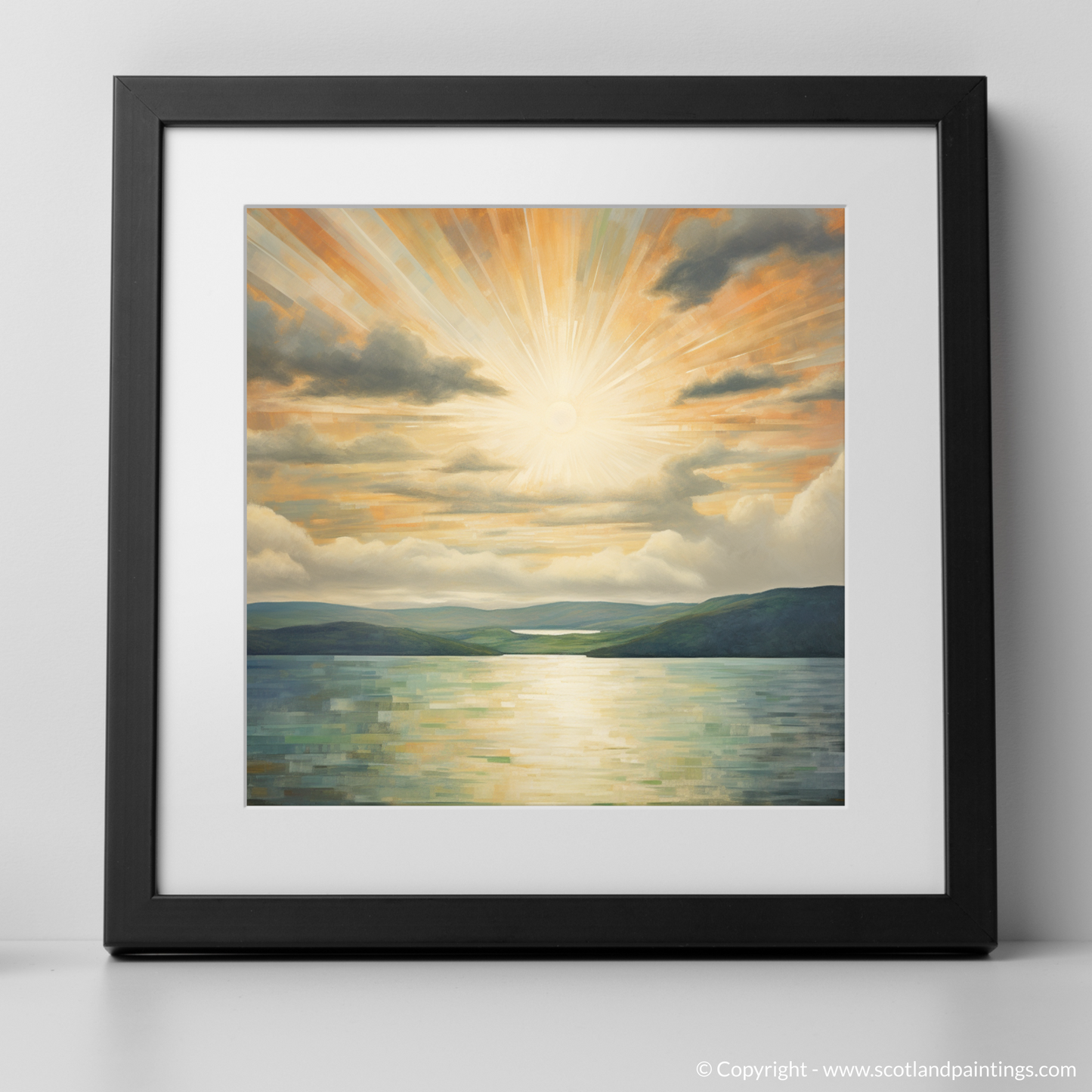 Art Print of Sun rays through clouds above Loch Lomond with a black frame