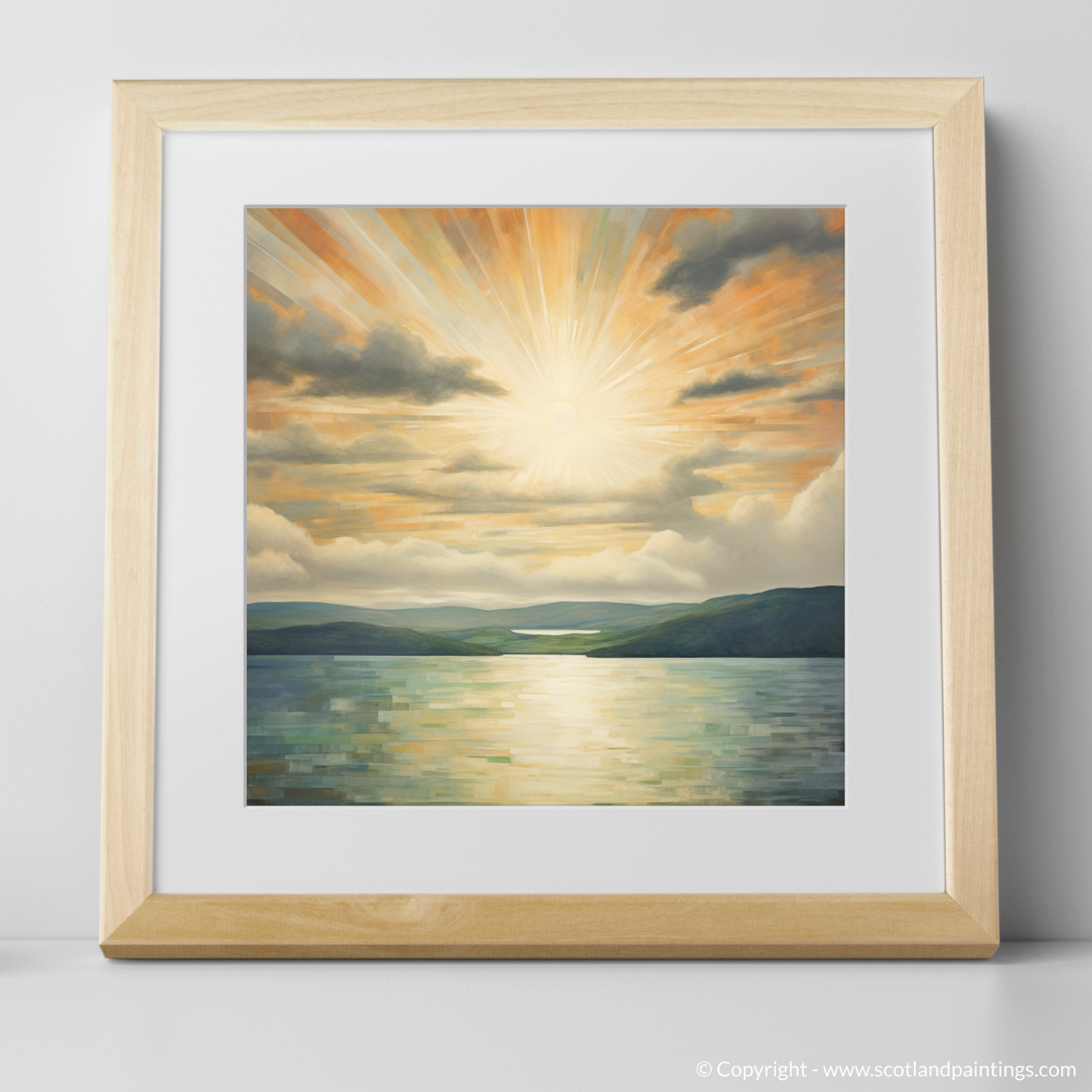 Art Print of Sun rays through clouds above Loch Lomond with a natural frame