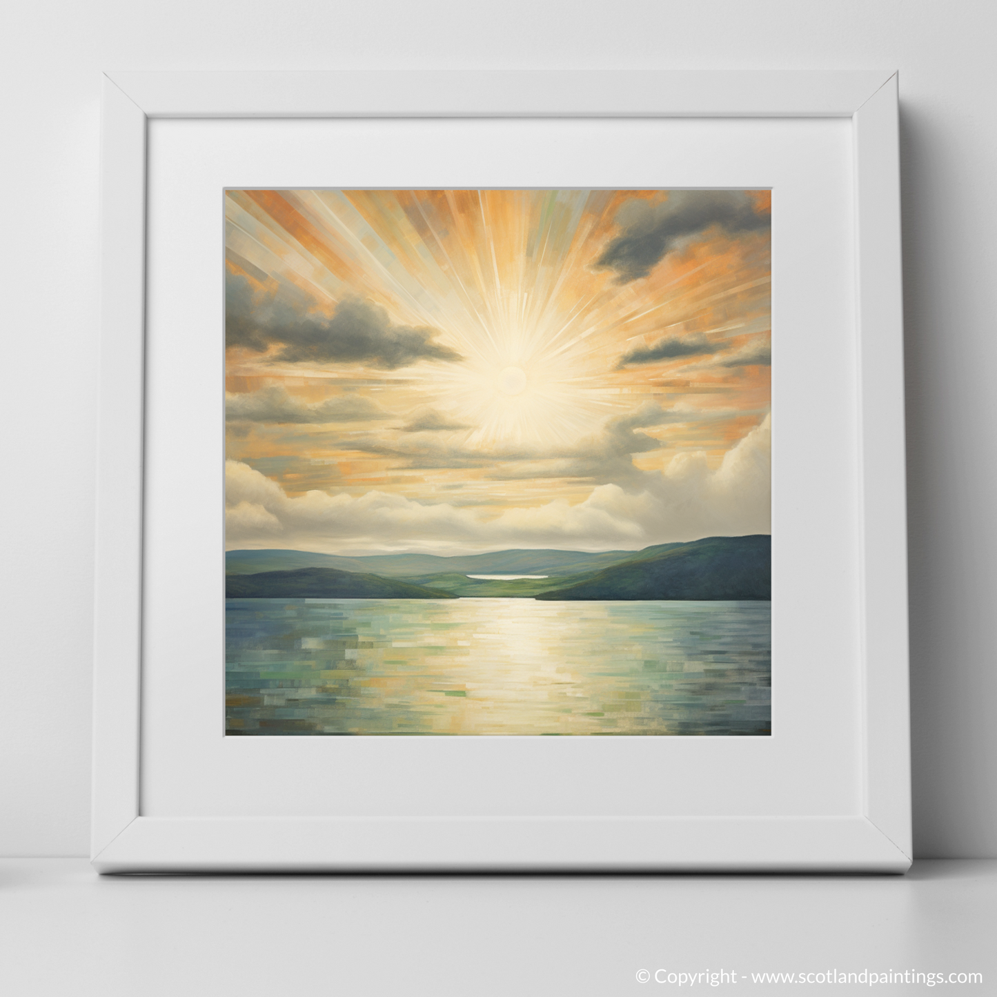 Art Print of Sun rays through clouds above Loch Lomond with a white frame