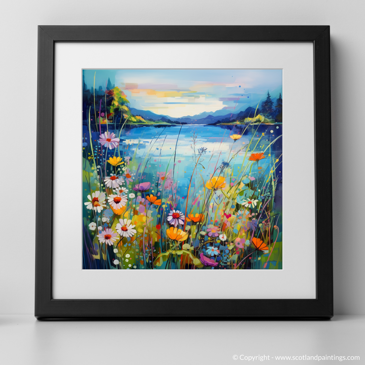 Art Print of Wildflowers by Loch Lomond with a black frame