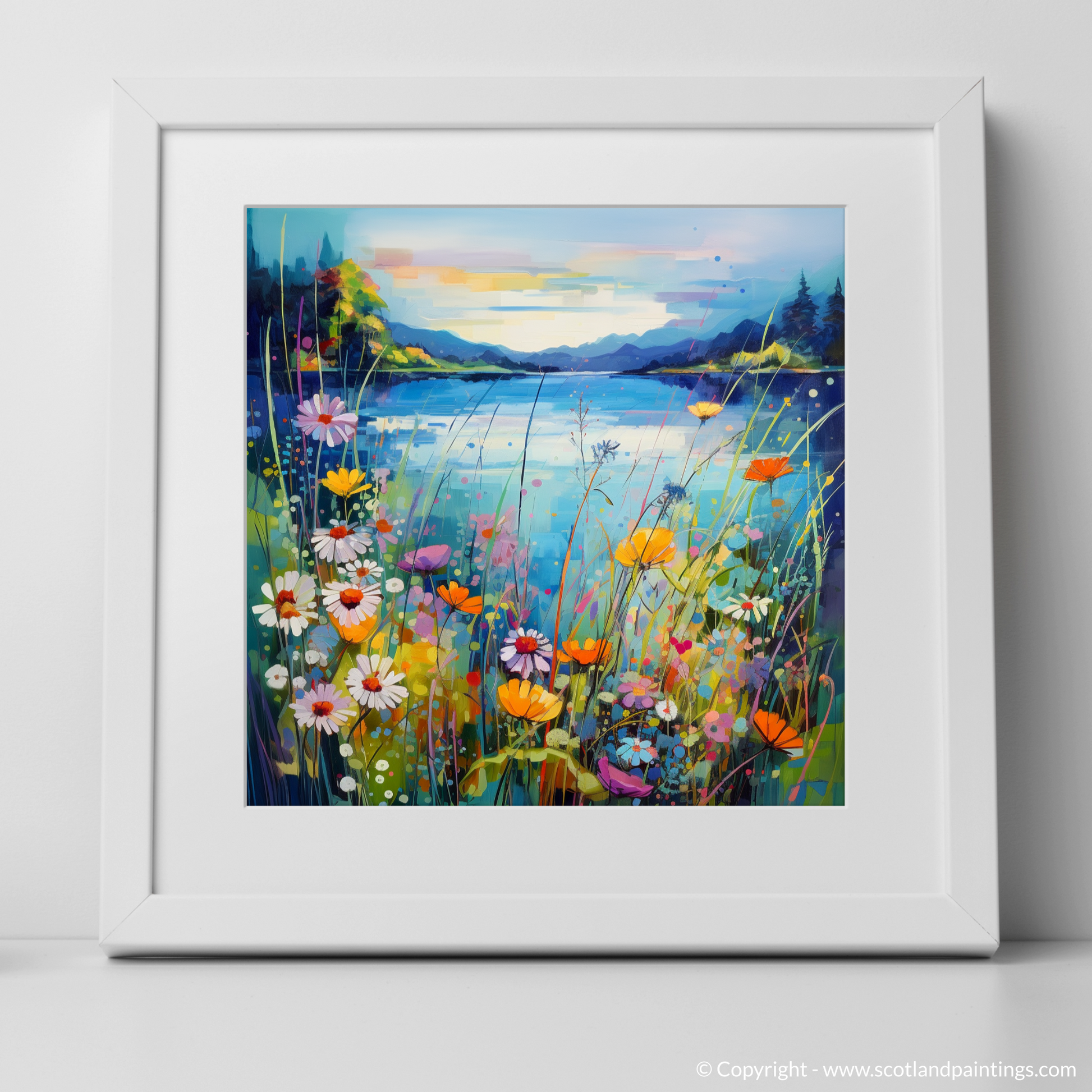 Art Print of Wildflowers by Loch Lomond with a white frame