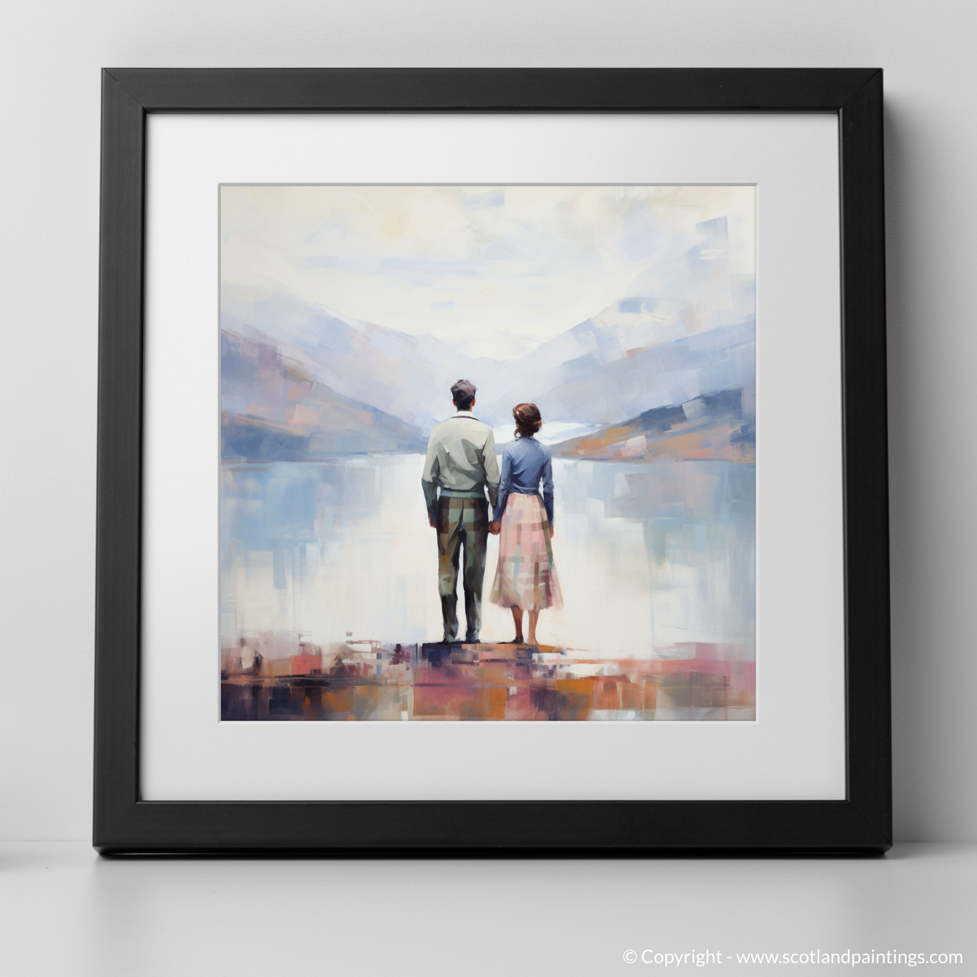 Art Print of A couple holding hands looking out on Loch Lomond with a black frame