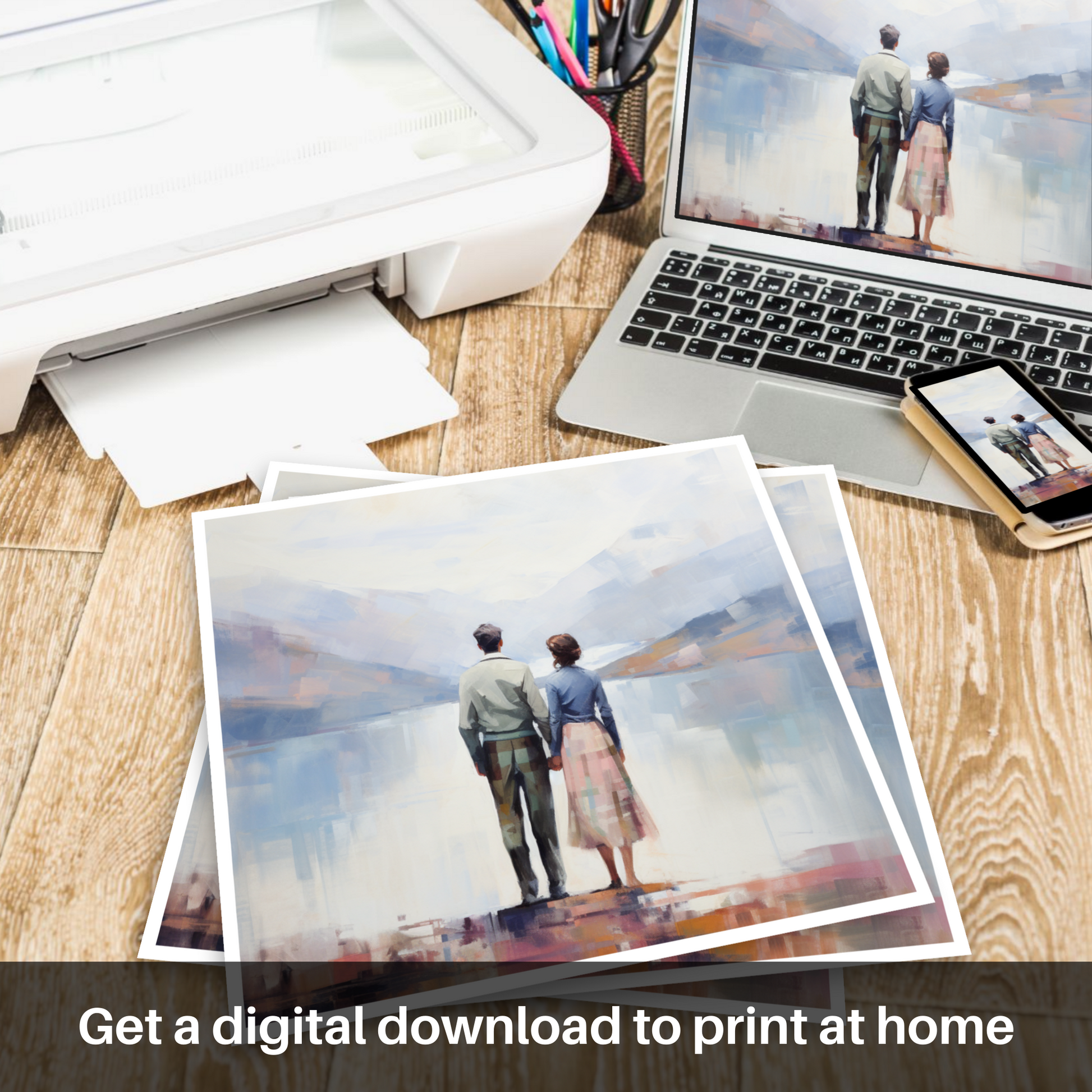 Downloadable and printable picture of A couple holding hands looking out on Loch Lomond