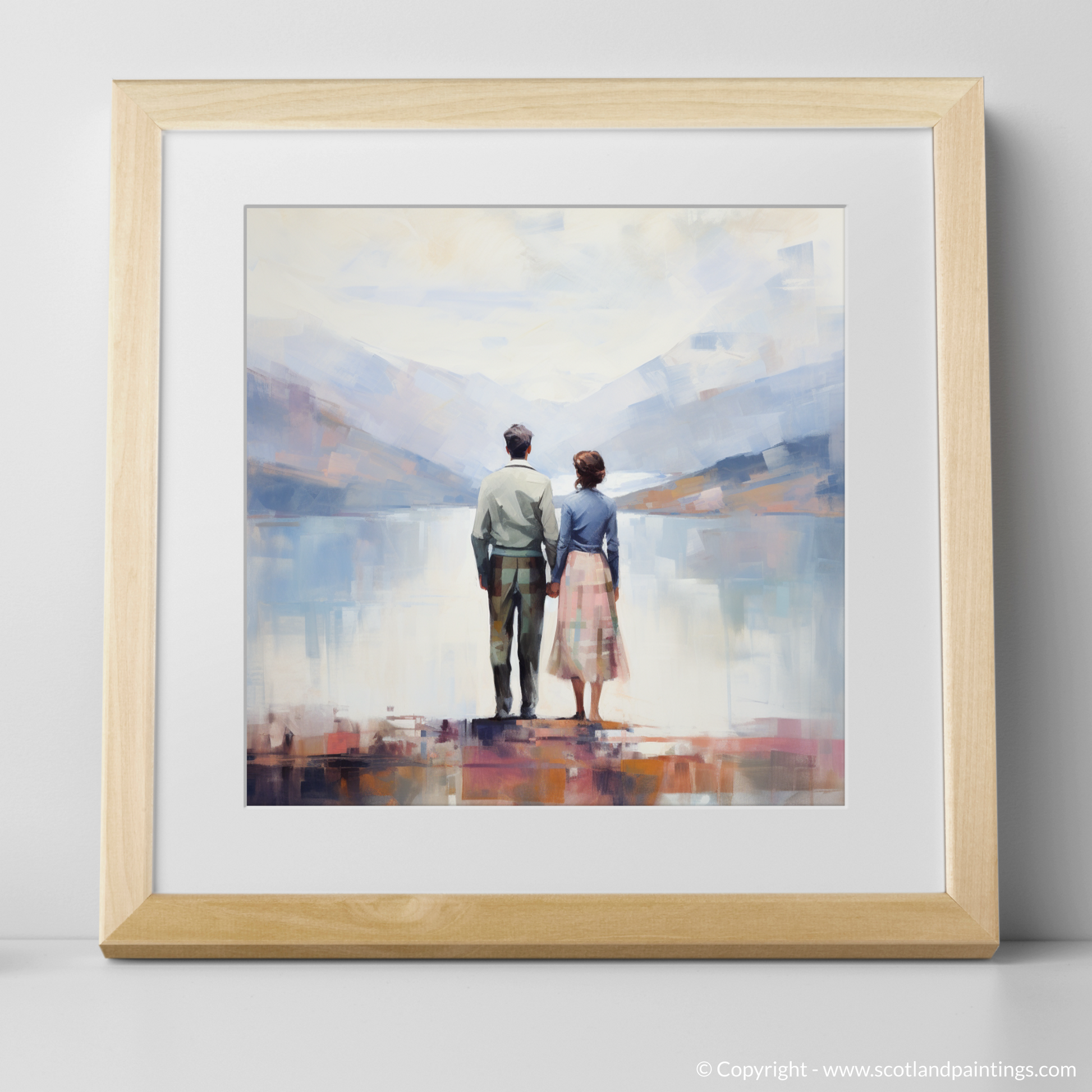 Art Print of A couple holding hands looking out on Loch Lomond with a natural frame