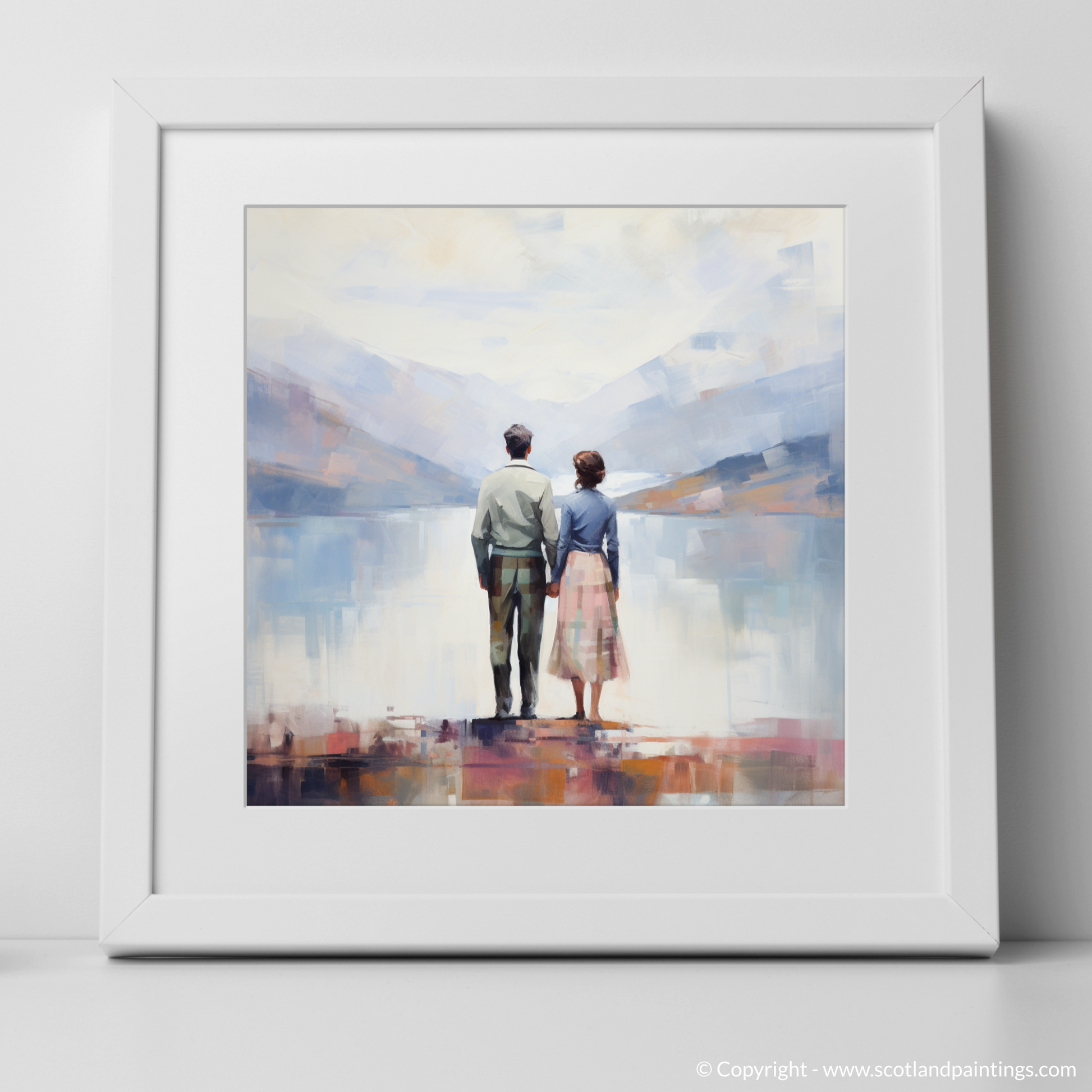 Art Print of A couple holding hands looking out on Loch Lomond with a white frame