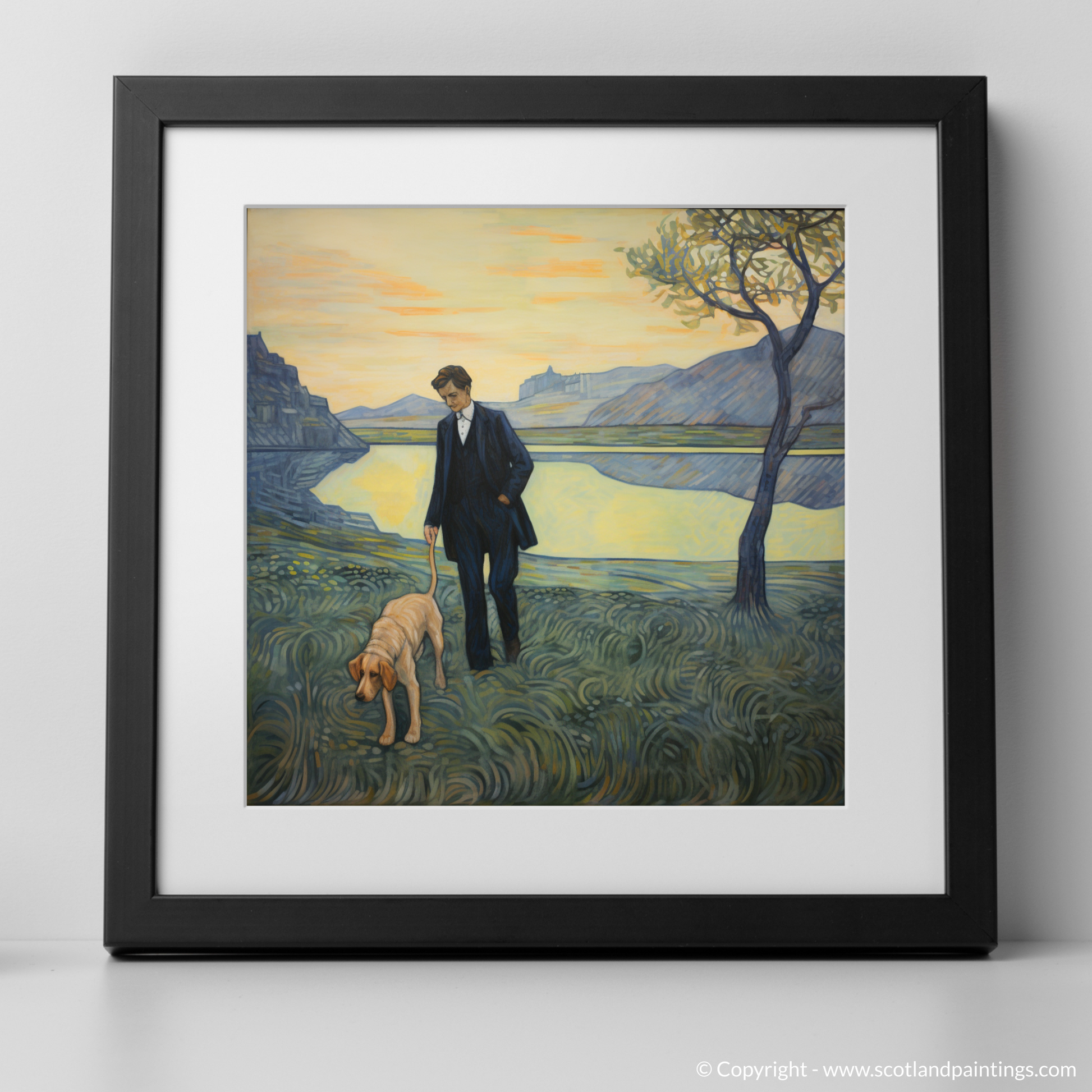 Art Print of A man walking dog at the side of Loch Lomond with a black frame