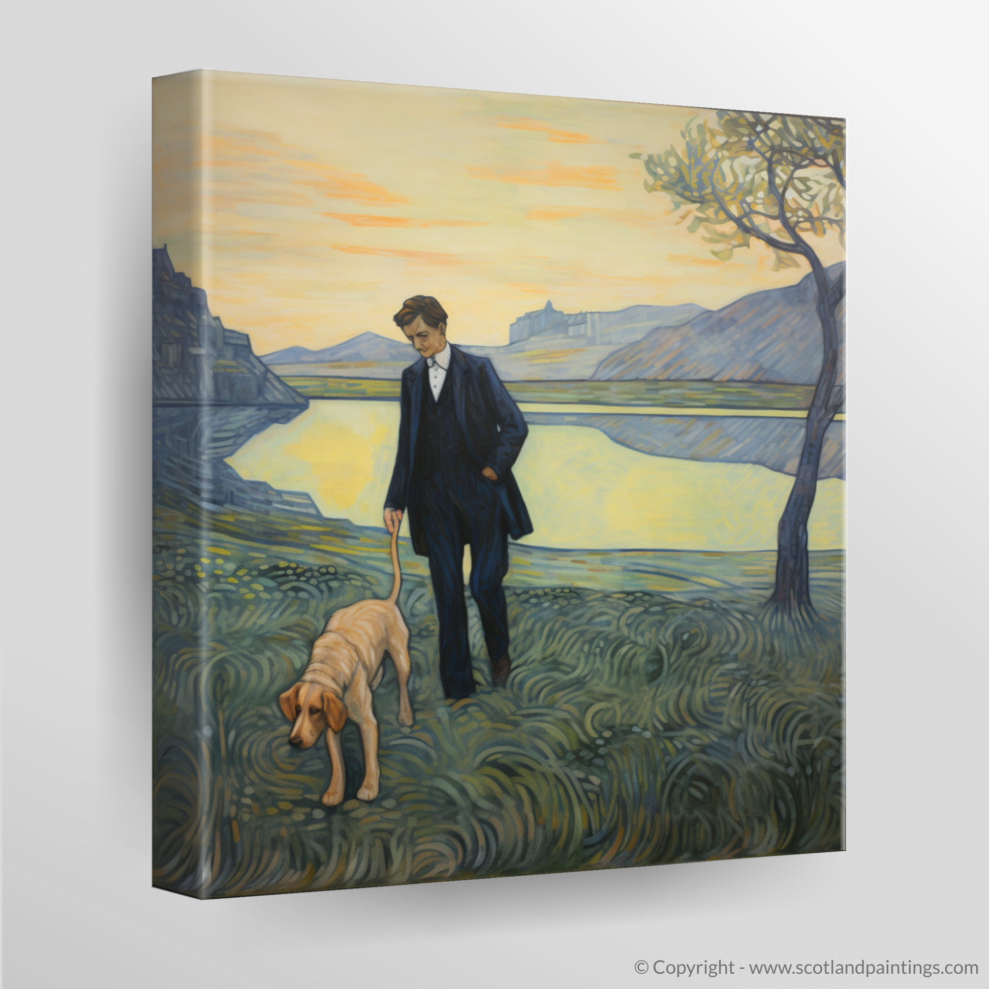 Canvas Print of A man walking dog at the side of Loch Lomond