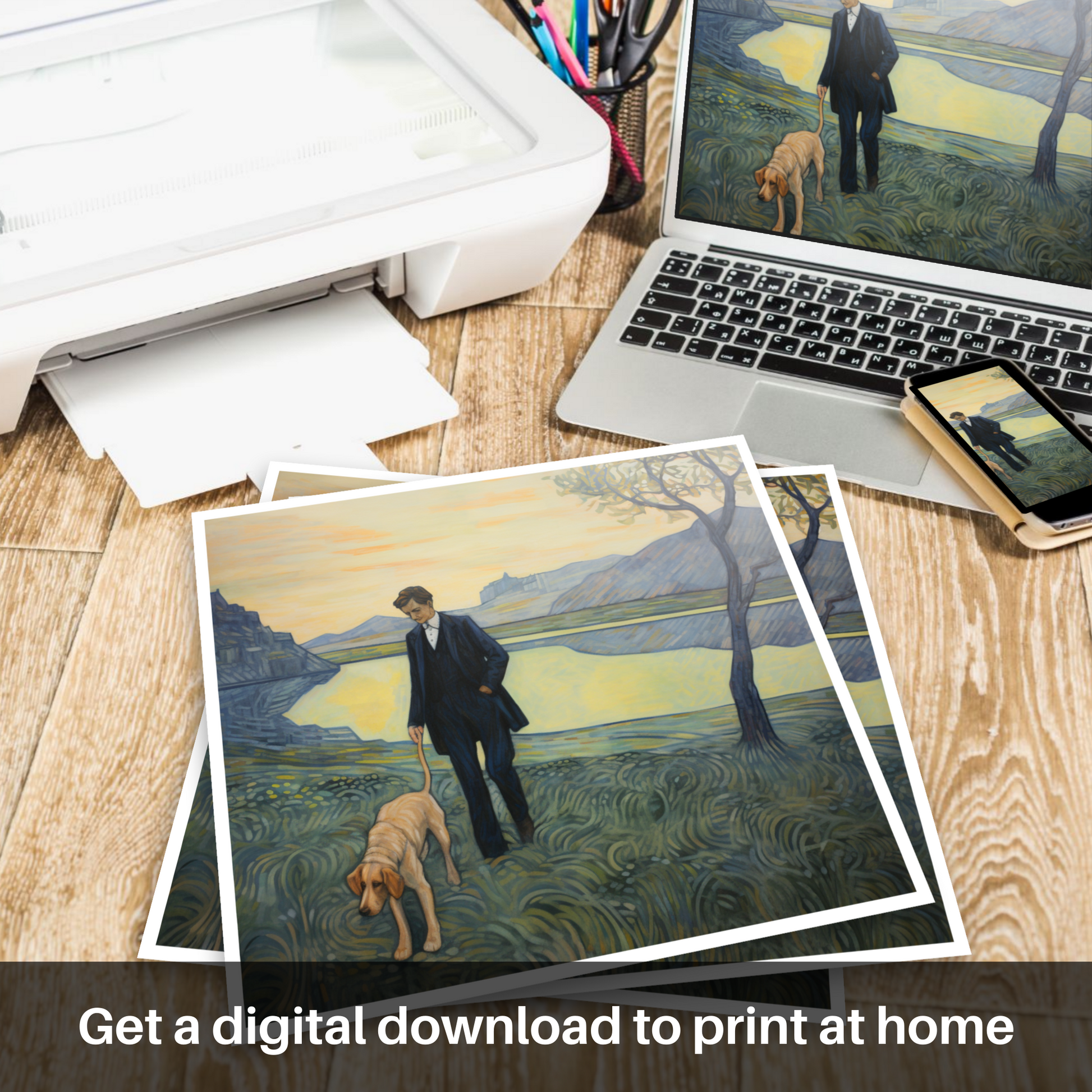 Downloadable and printable picture of A man walking dog at the side of Loch Lomond