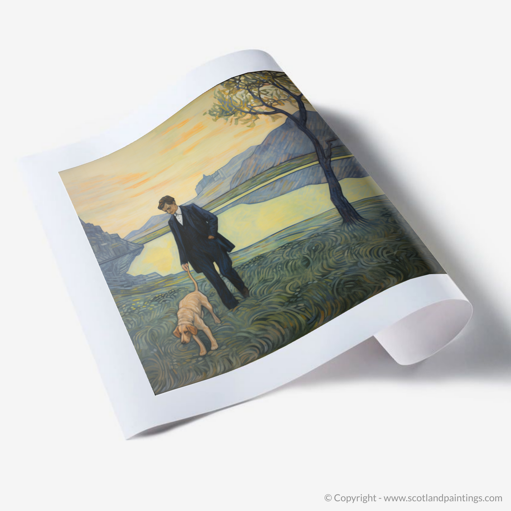 Art Print of A man walking dog at the side of Loch Lomond