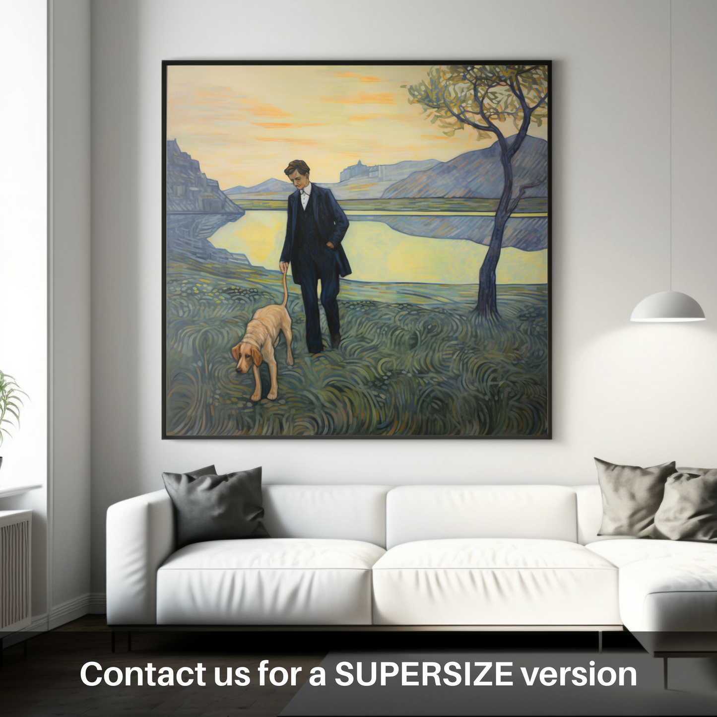 Huge supersize print of A man walking dog at the side of Loch Lomond